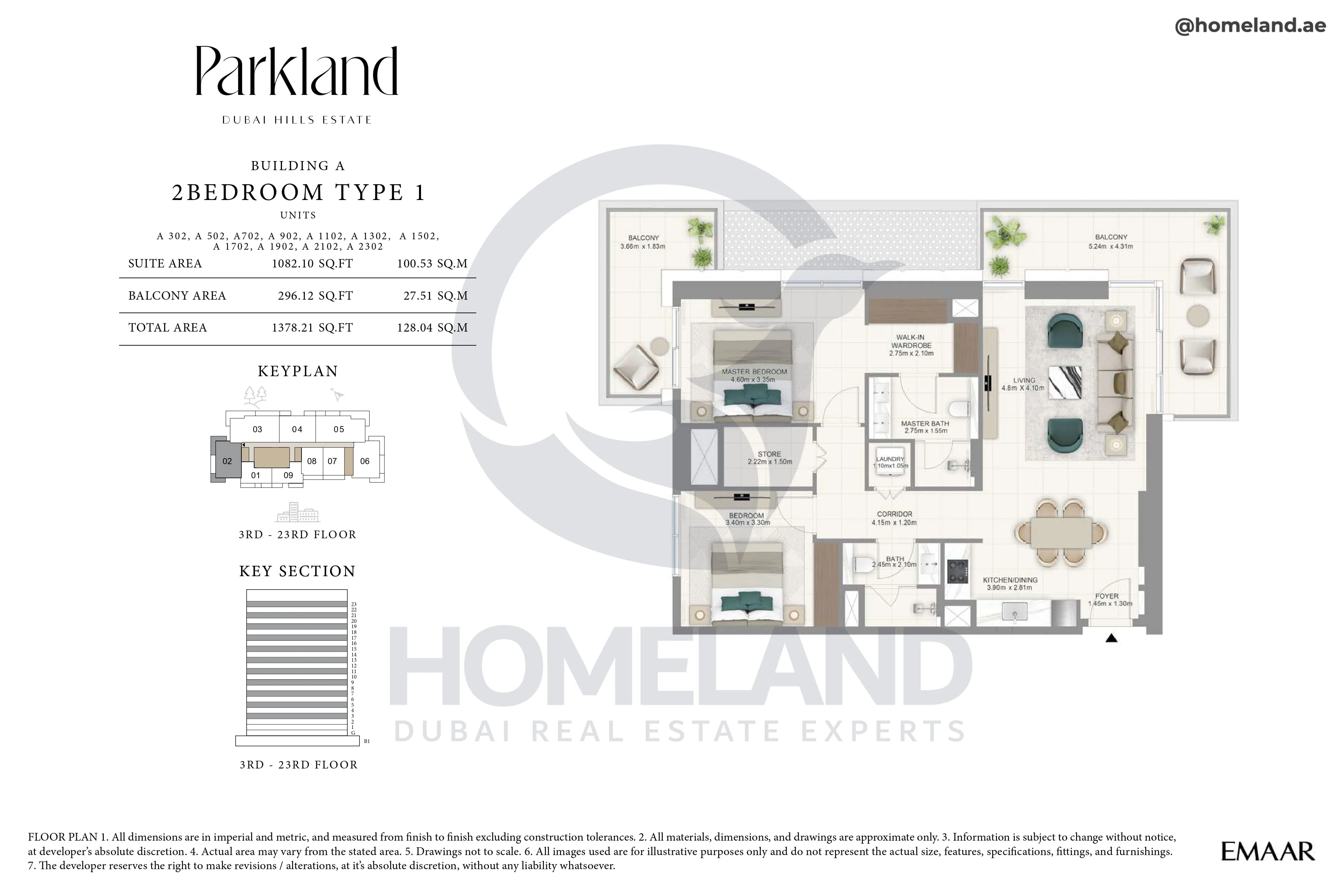 Parkland, Building A, 2BR, Type 1, Unit 302-502-702-902-1102-1302-1502-1702-1902-2102-2302, Level 3-23, 1378 SQFT