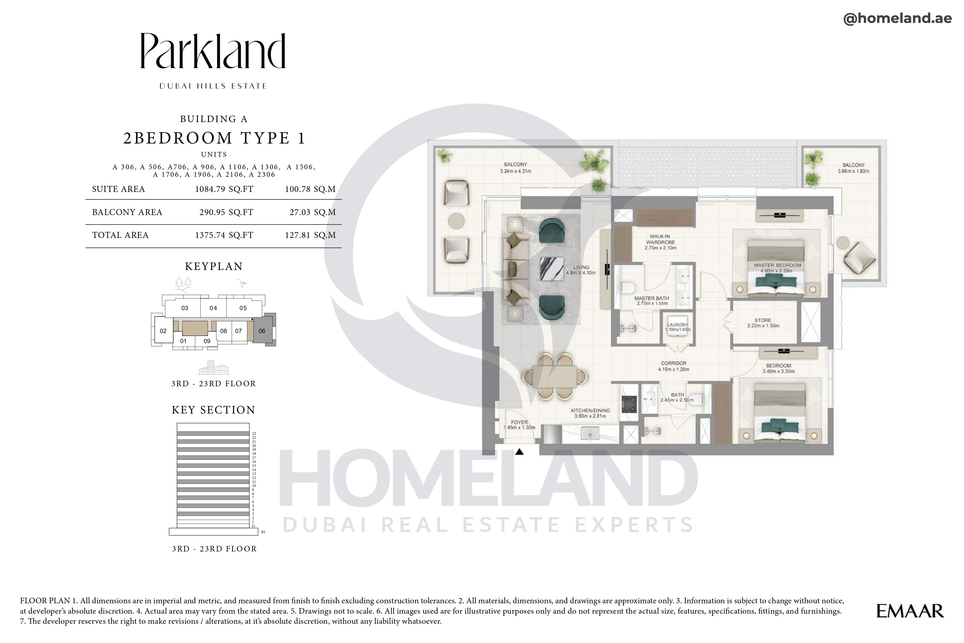 Parkland, Building A, 2BR, Type 1, Unit 306-506-706-906-1106-1306-1506-1706-1906-2106-2306, Level 3-23, 1375 SQFT
