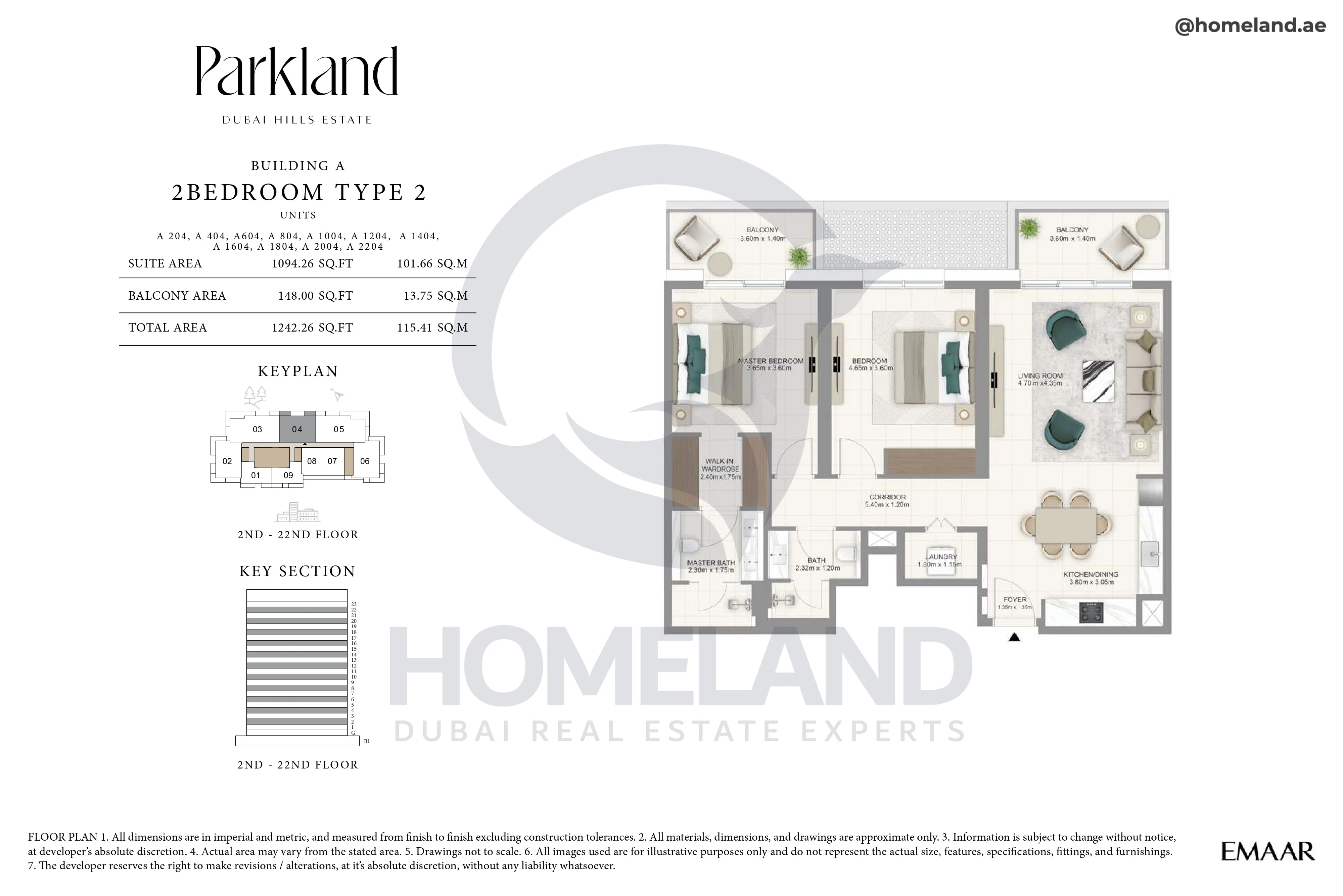 Parkland, Building A, 2BR, Type 2, Unit 204-404-604-804-1004-1204-1404-1604-1804-2004-2204, Level 2-22, 1242 SQFT