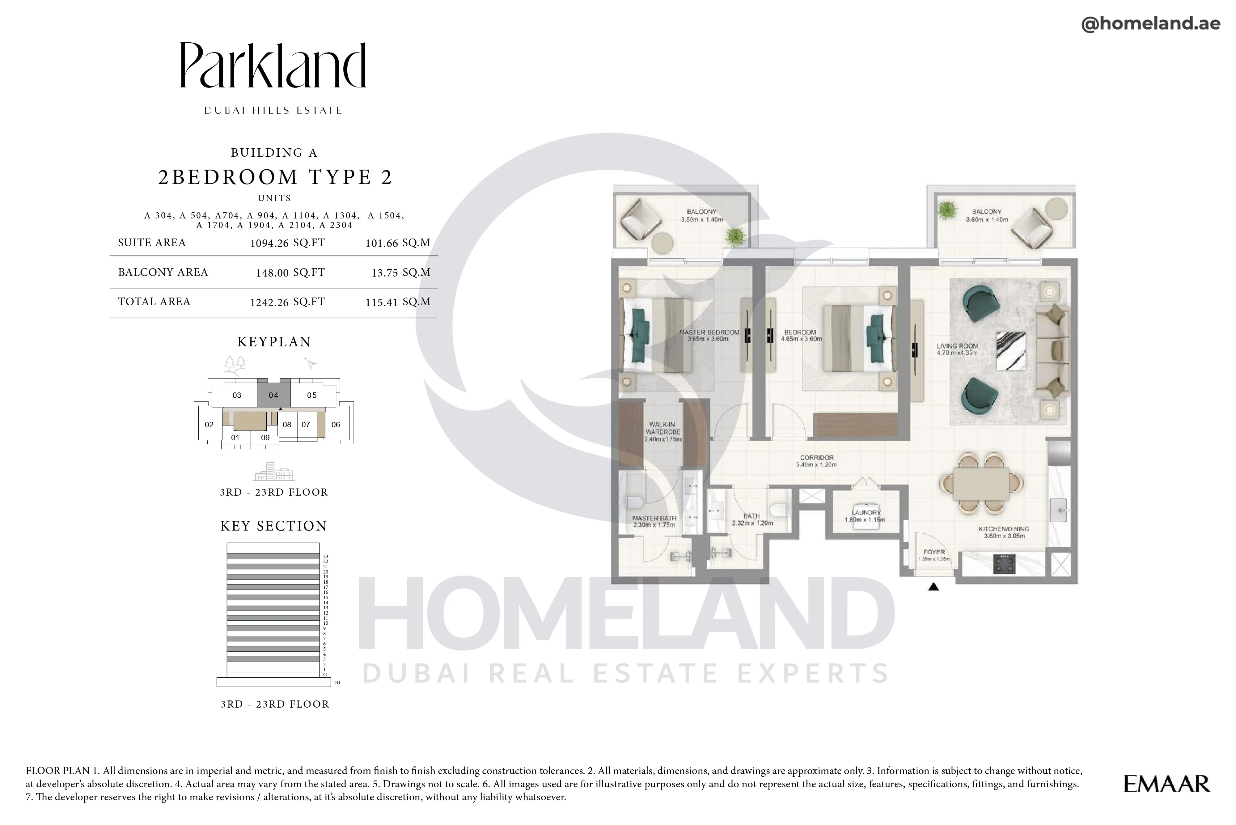 Parkland, Building A, 2BR, Type 2, Unit 304-504-704-904-1104-1304-1504-1704-1904-2104-2304, Level 3-23, 1242 SQFT