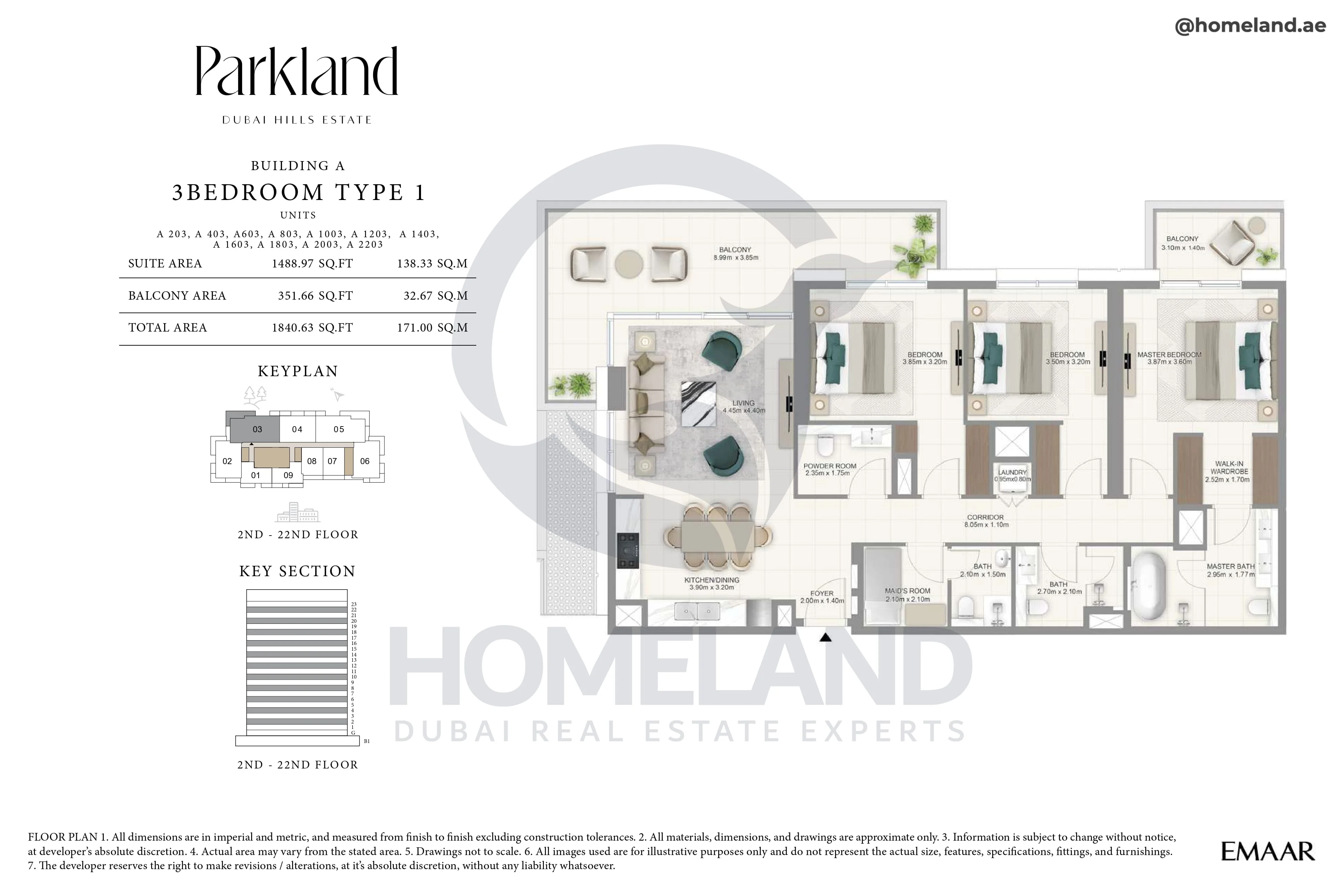 Parkland, Building A, 3BR, Type 1, Unit 203-403-603-803-1003-1203-1403-1603-1803-2003-2203, Level 2-22, 1840 SQFT