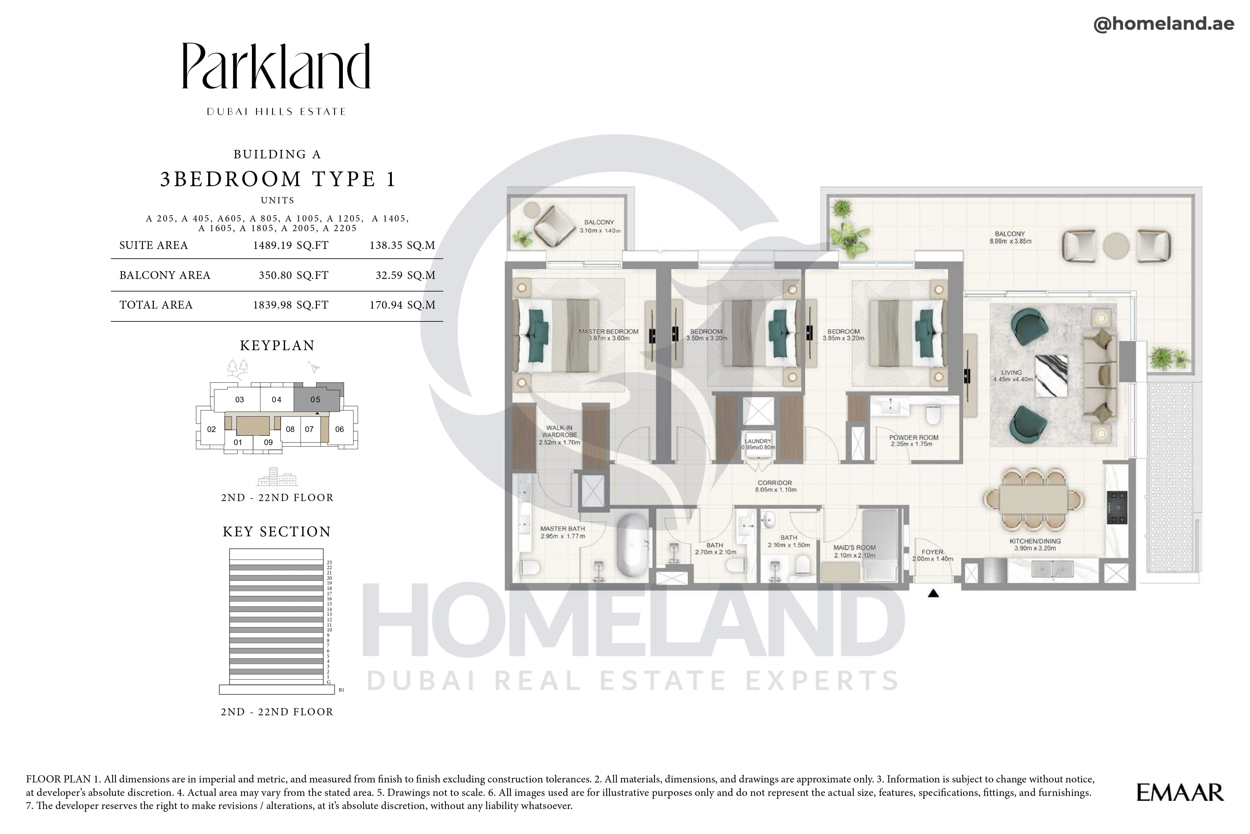 Parkland, Building A, 3BR, Type 1, Unit 205-405-605-805-1005-1205-1405-1605-1805-2005-2205, Level 2-22, 1839 SQFT