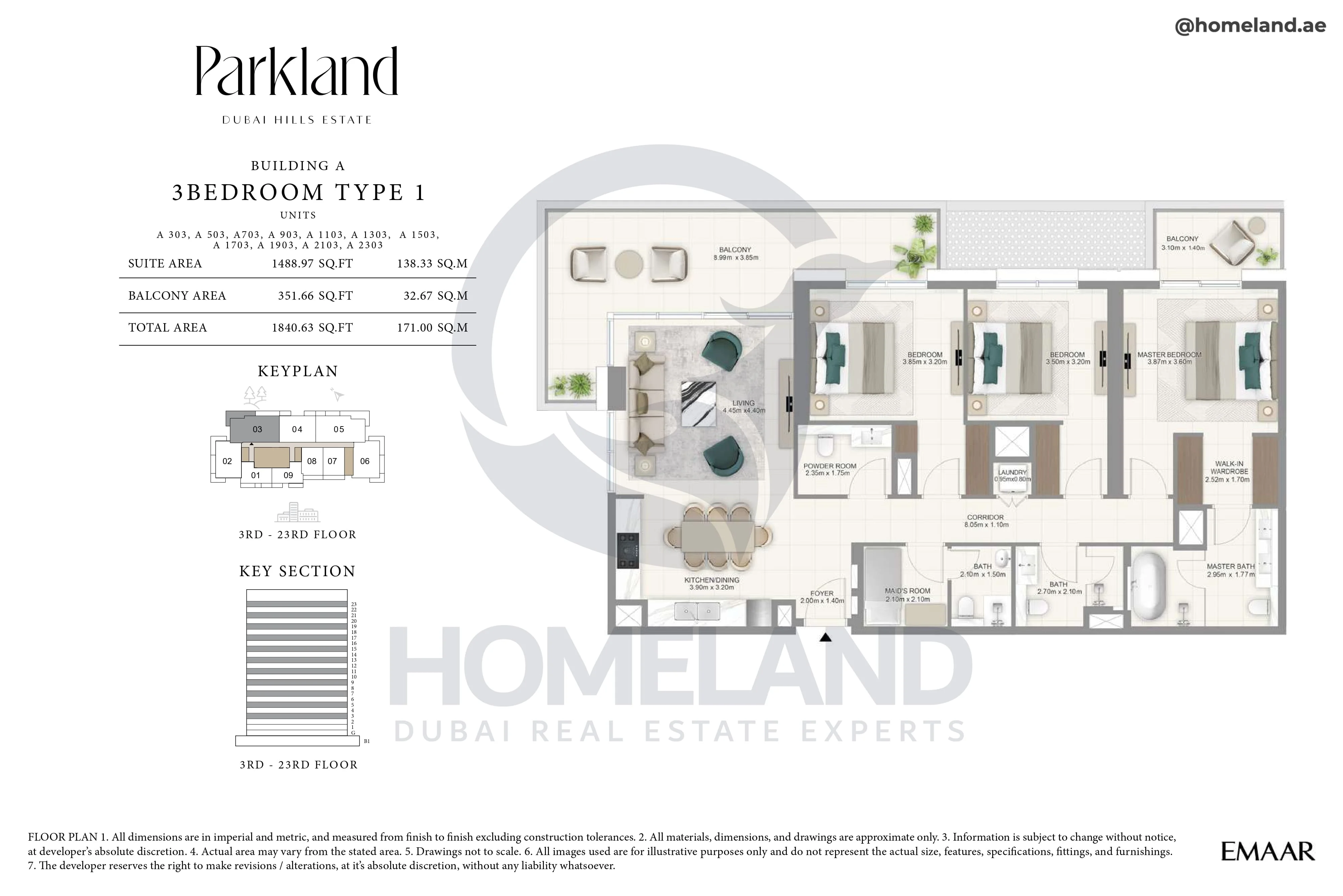 Parkland, Building A, 3BR, Type 1, Unit 303-503-703-903-1103-1303-1503-1703-1903-2103-2303, Level 3-23, 1840 SQFT