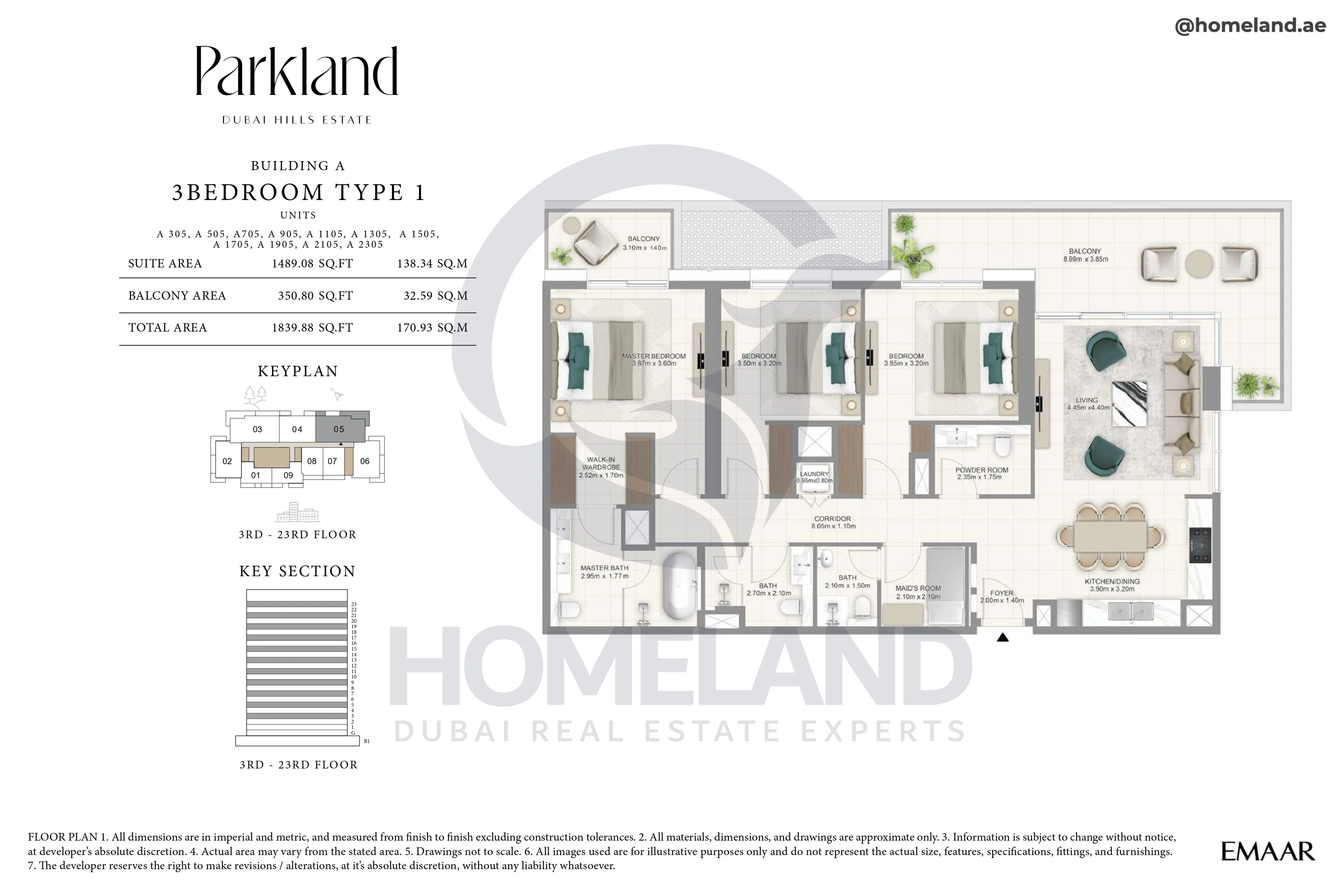 Parkland, Building A, 3BR, Type 1, Unit 305-505-705-905-1105-1305-1505-1705-1905-2105-2305, Level 3-23, 1839 SQFT