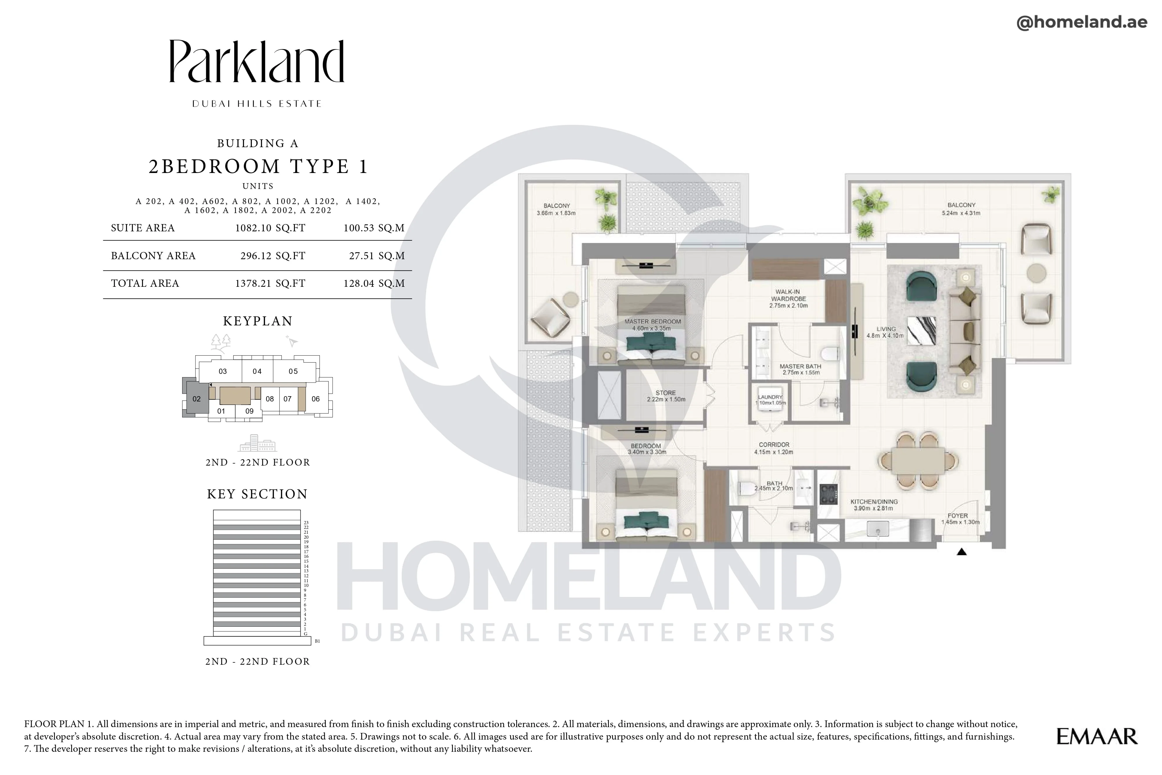 Parkland, Building A, 2BR, Type 1, Unit 202-402-602-802-1002-1202-1402-1602-1802-2002-2202, Level 2-22, 1378 SQFT