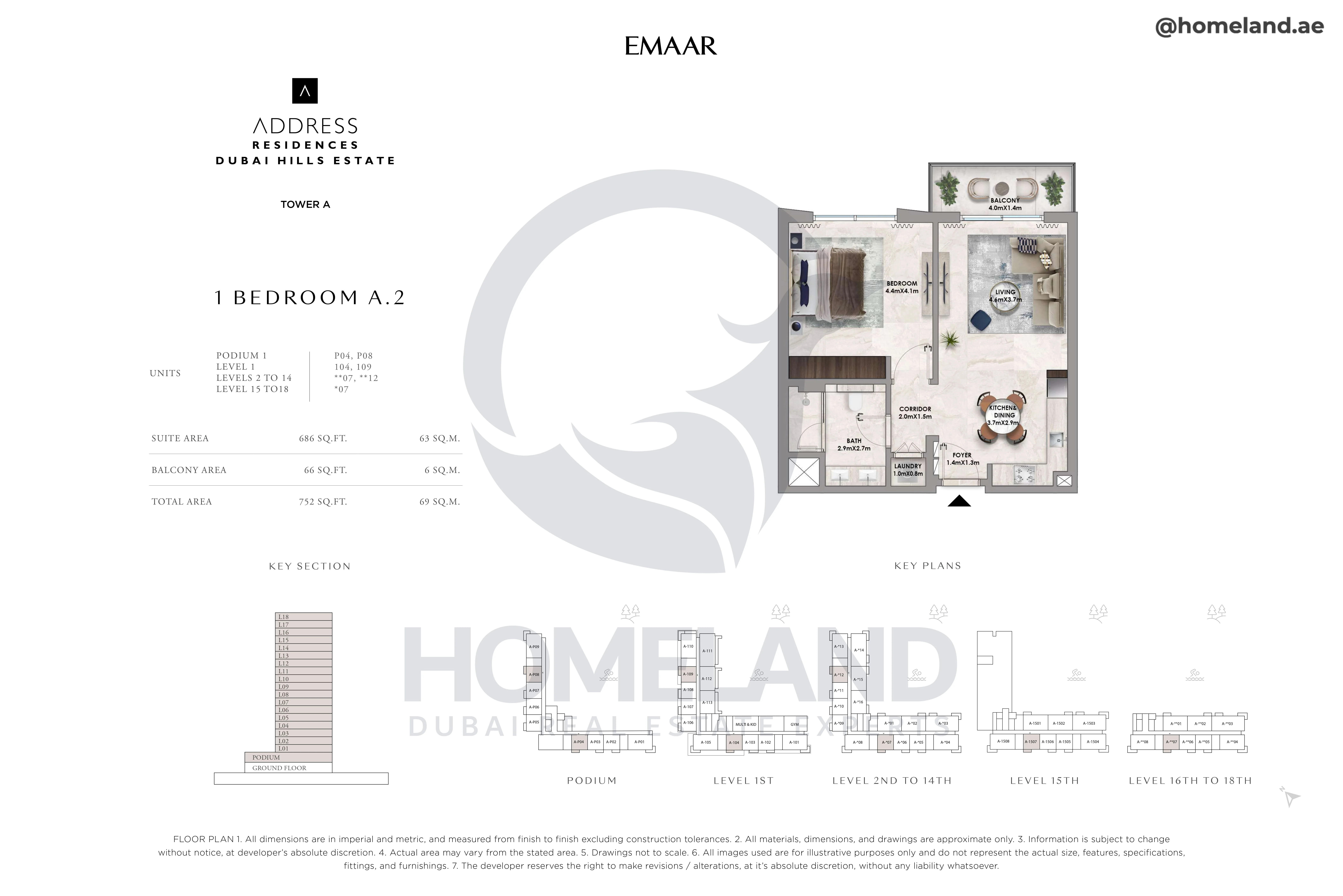 Address Residences, Tower A, 1BR, Type A.2, Level Podium to 18, Unit P04-P08-104-109-**07-**12-*07, 752 SQFT