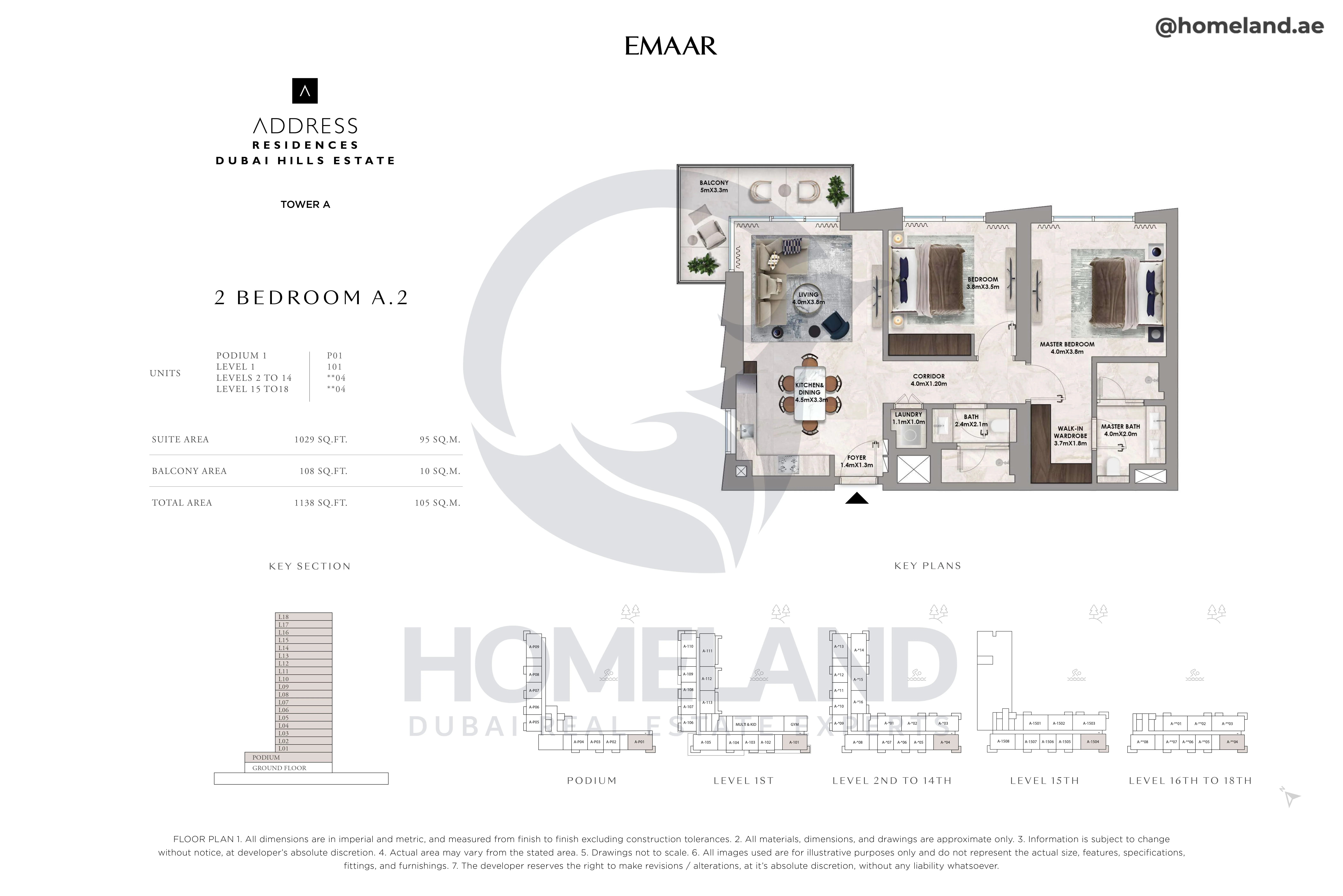 Address Residences, Tower A, 2BR, Type A.2, Level Podium to 18, Unit P01-101-**04, 1138 SQFT