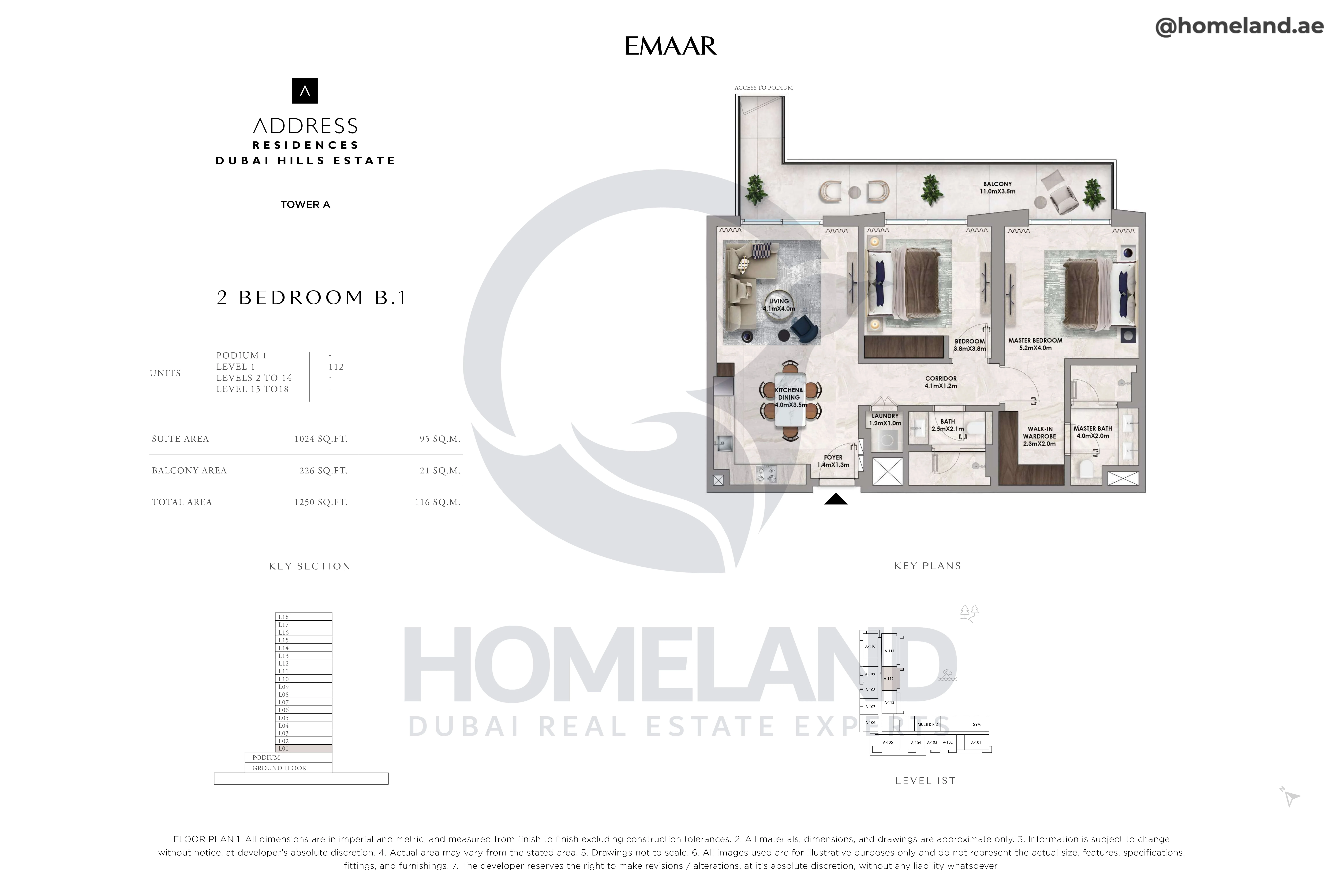 Address Residences, Tower A, 2BR, Type B.1, Level 1, Unit 112, 1250 SQFT