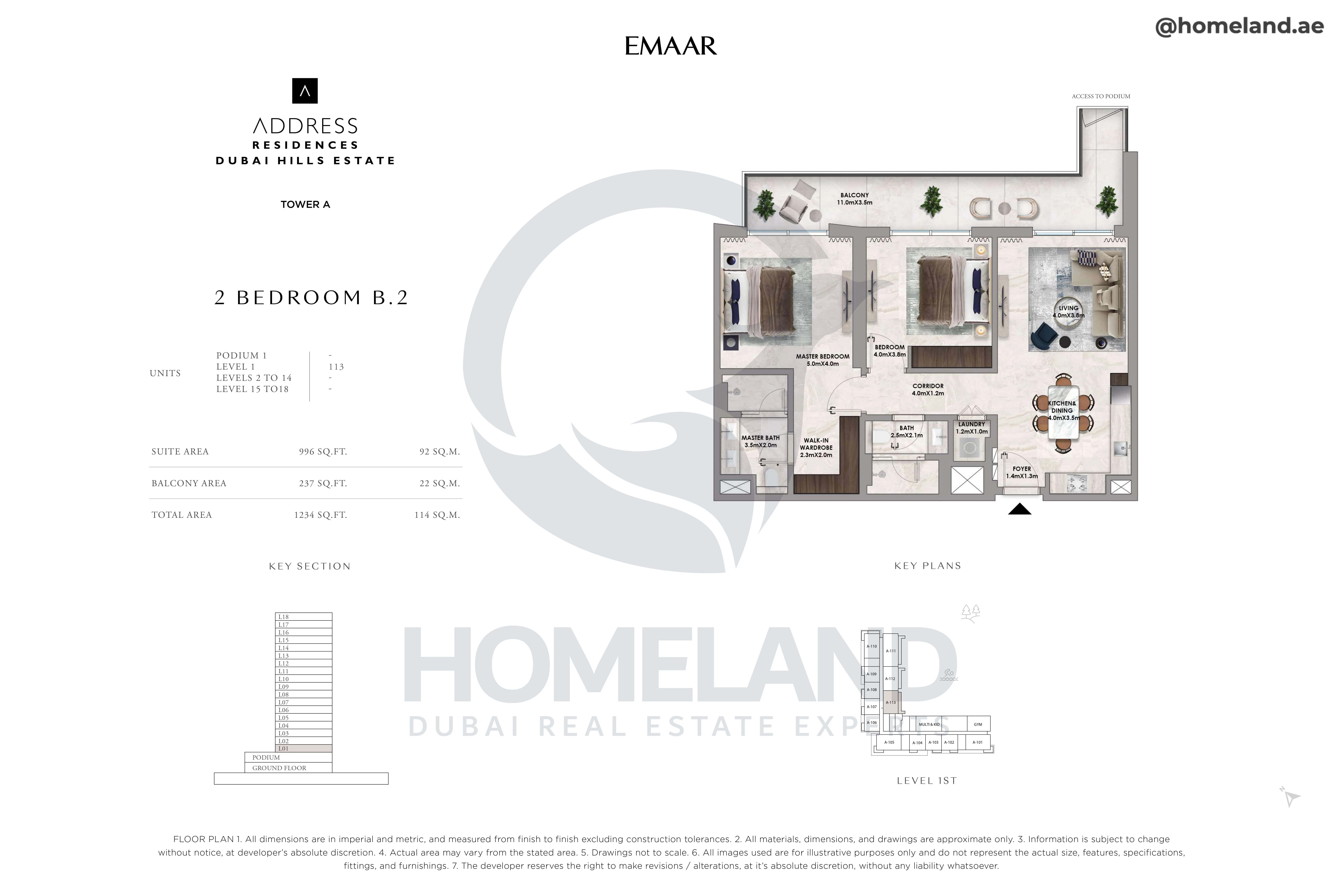 Address Residences, Tower A, 2BR, Type B.2, Level 1, Unit 113, 1234 SQFT