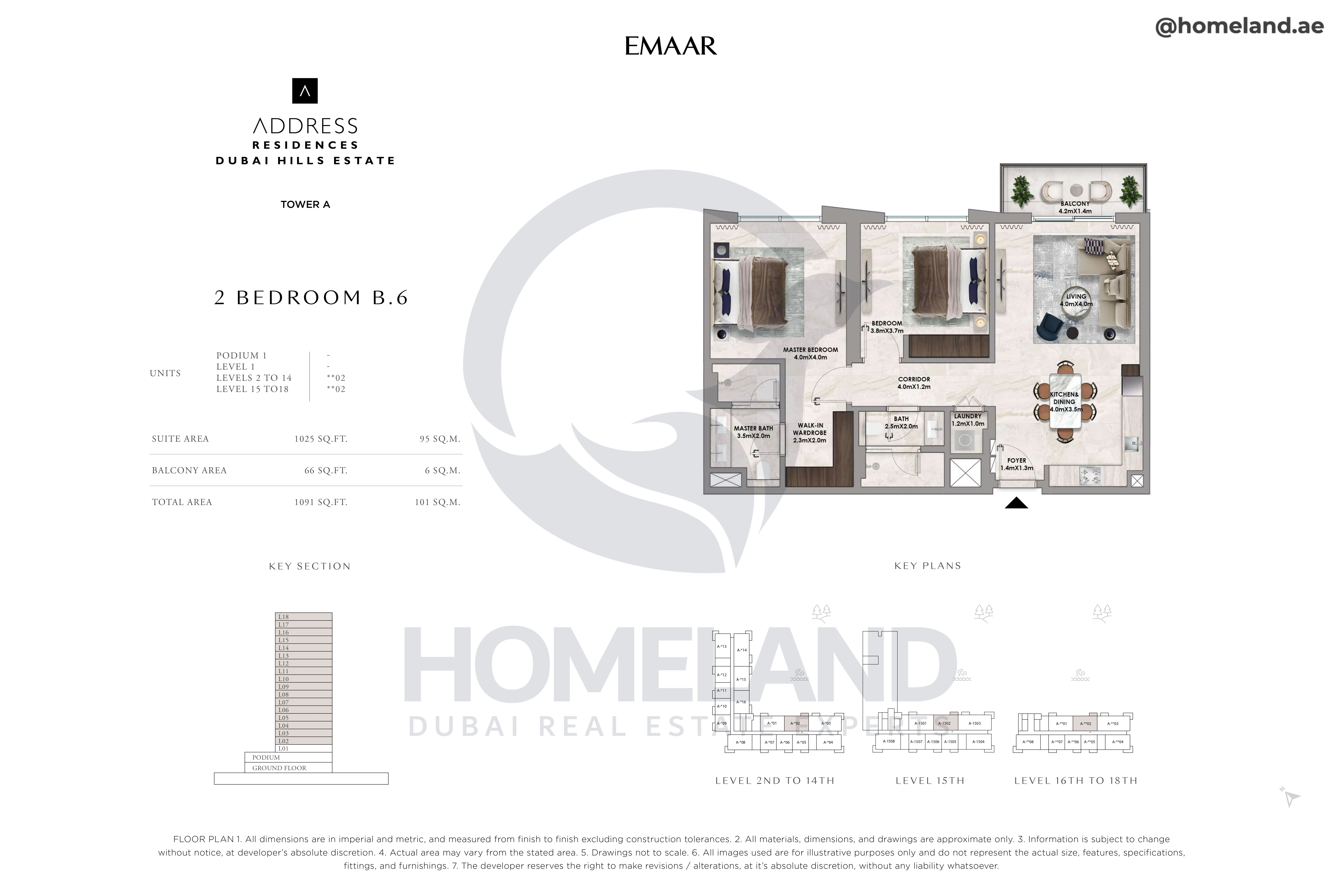 Address Residences, Tower A, 2BR, Type B.6, Level 2 to 18, Unit **02, 1091 SQFT