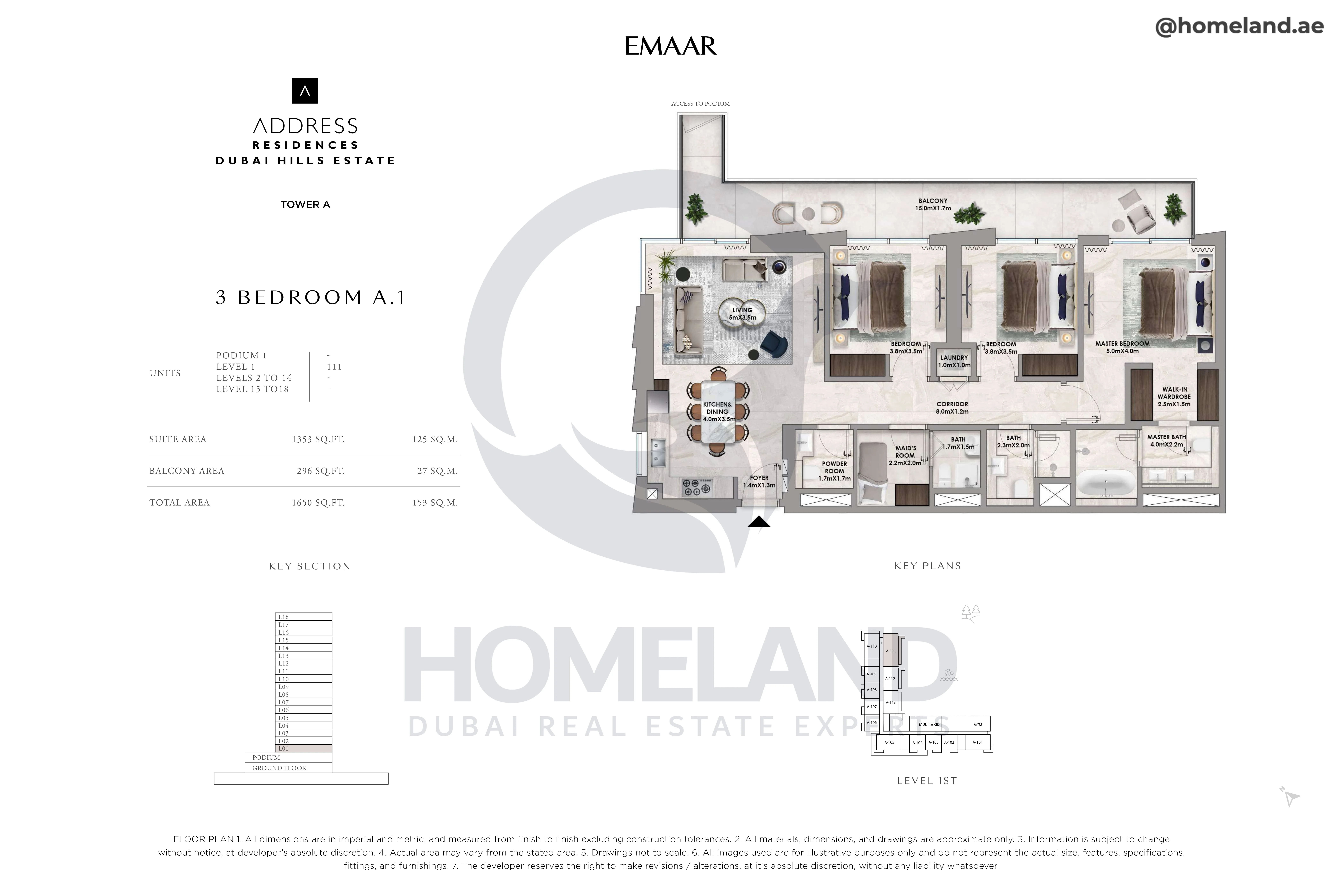 Address Residences, Tower A, 3BR, Type A.1, Level 1, Unit 111, 1650 SQFT
