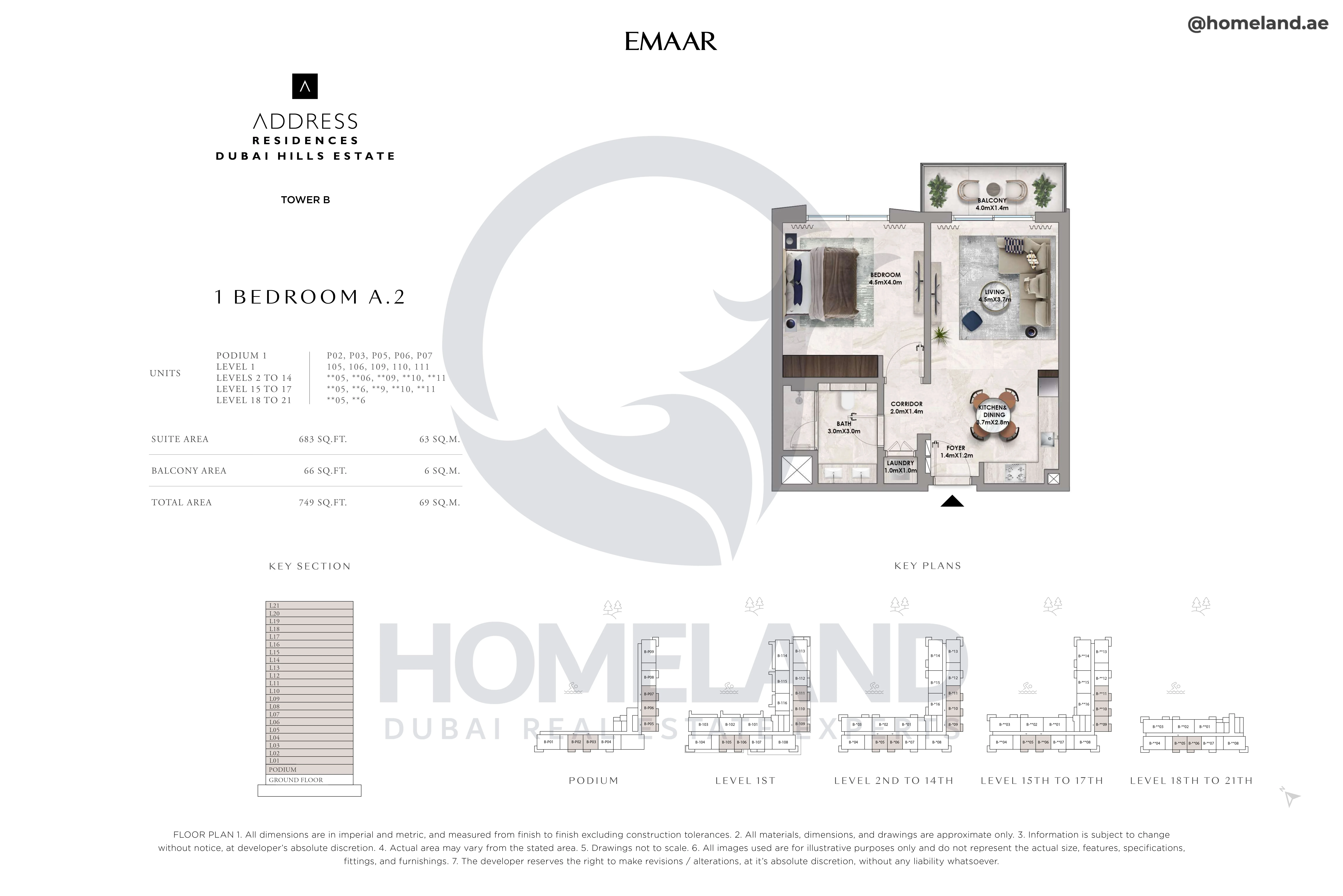 Address Residences, Tower B, 1BR, Type A.2, Level Podium to 21, Unit P02-P03-P05-P06-P07-105-106-109-110-111-**05-**06-**09-**10-**11, 749 SQFT