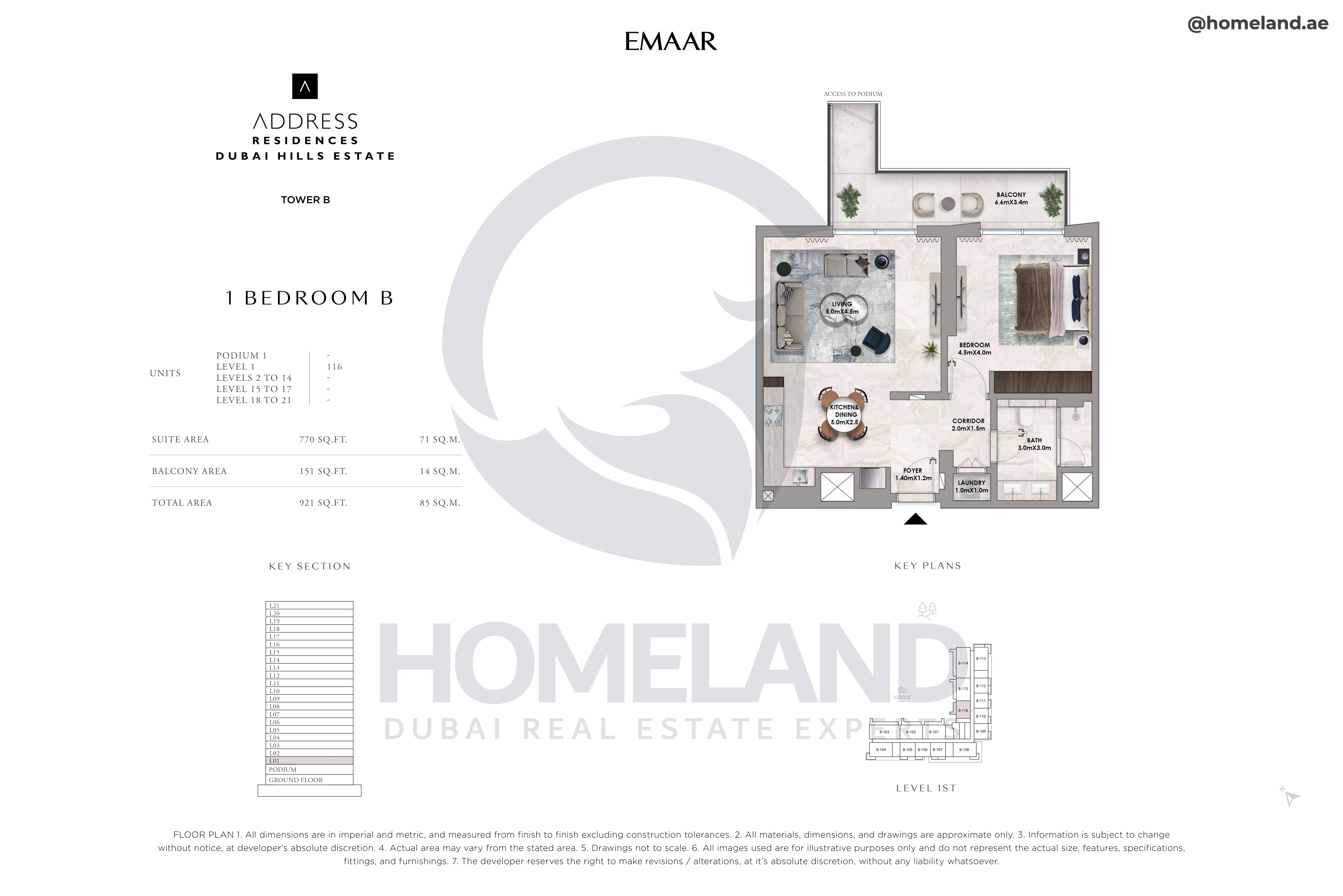Address Residences, Tower B, 1BR, Type B, Level 1, Unit 116, 921 SQFT