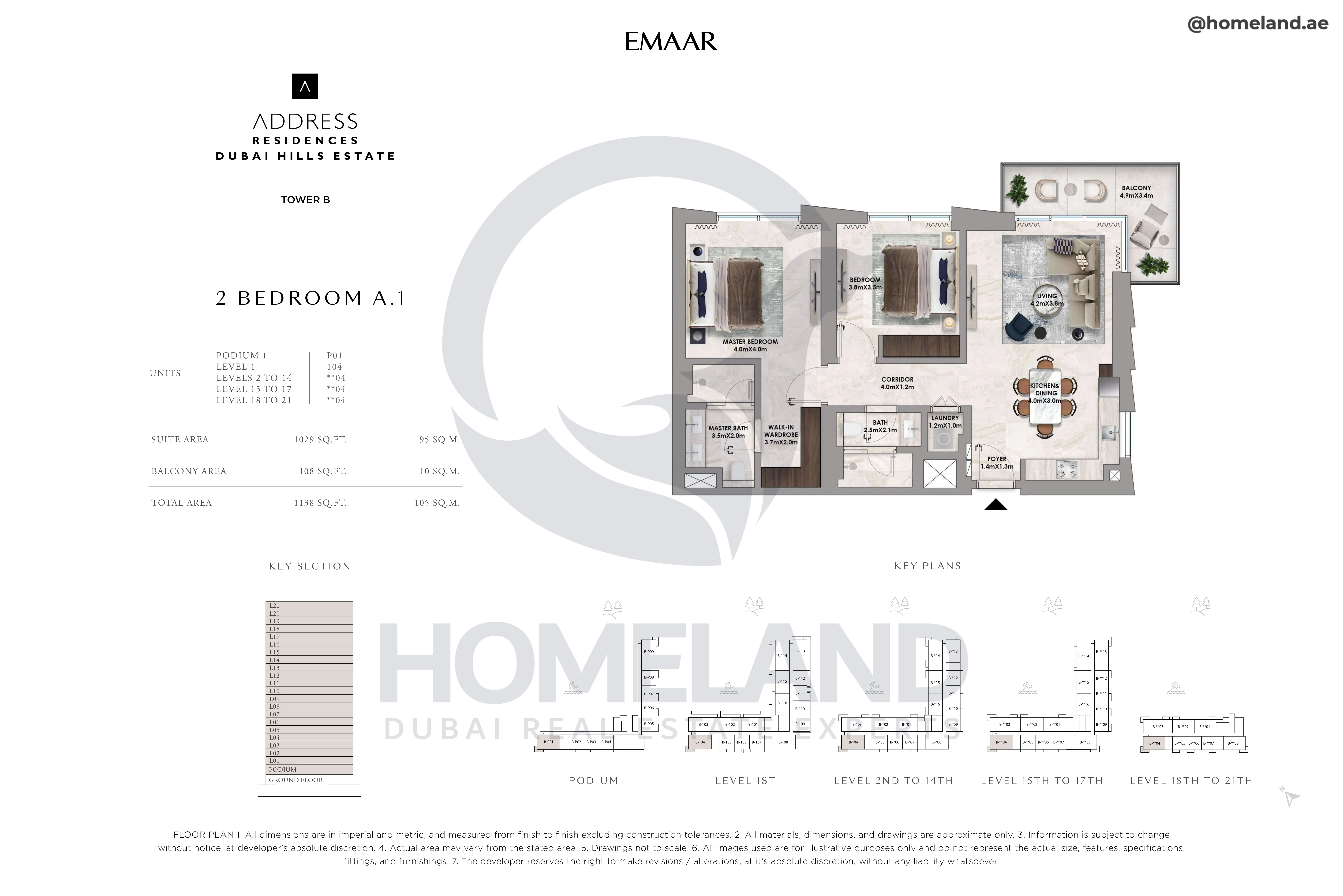 Address Residences, Tower B, 2BR, Type A.1, Level Podium to 21, Unit P01-104-**04, 1138 SQFT