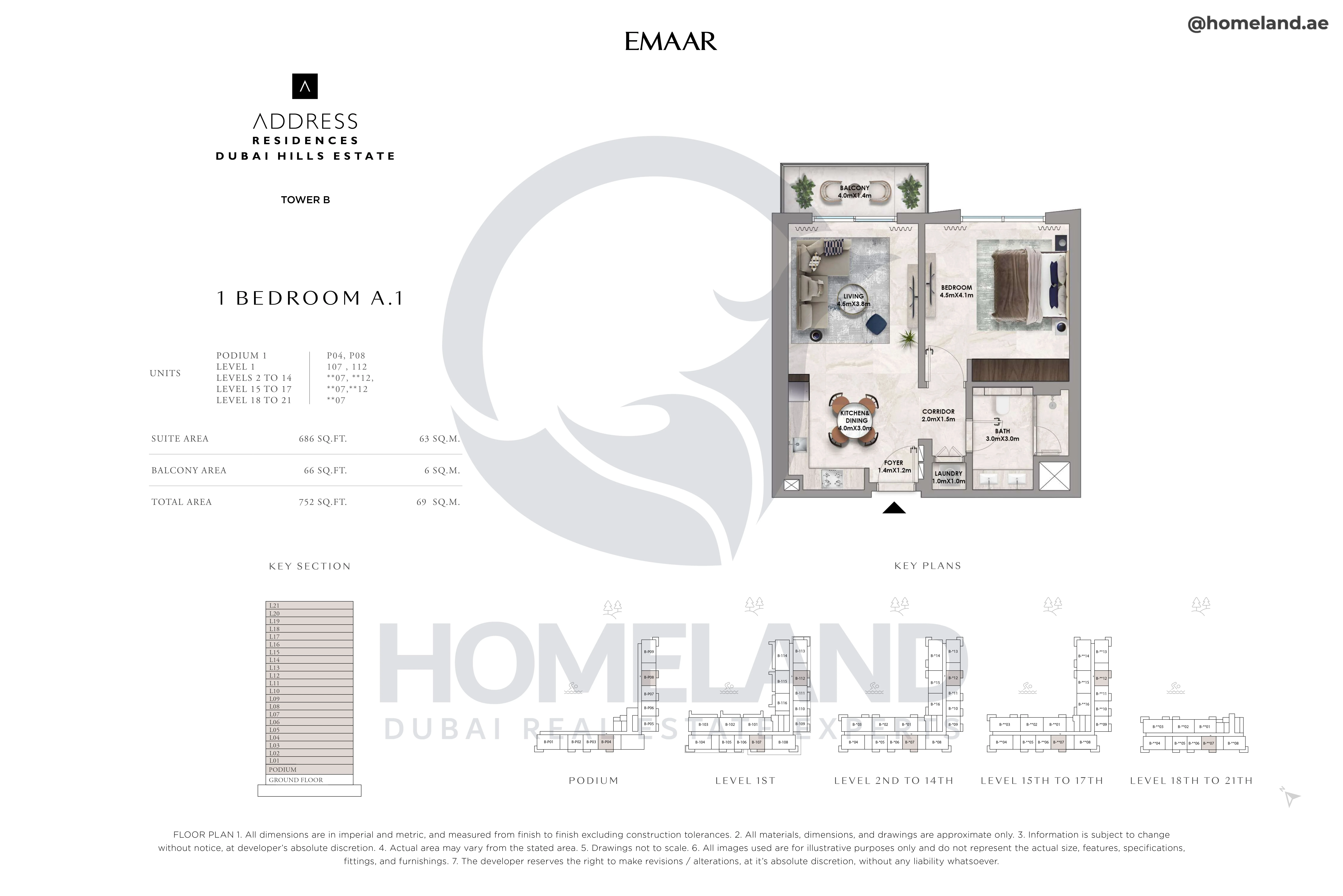 Address Residences, Tower B, 1BR, Type A.1, Level Podium to 21, Unit P04-P08-107-112-**07-**12, 752 SQFT