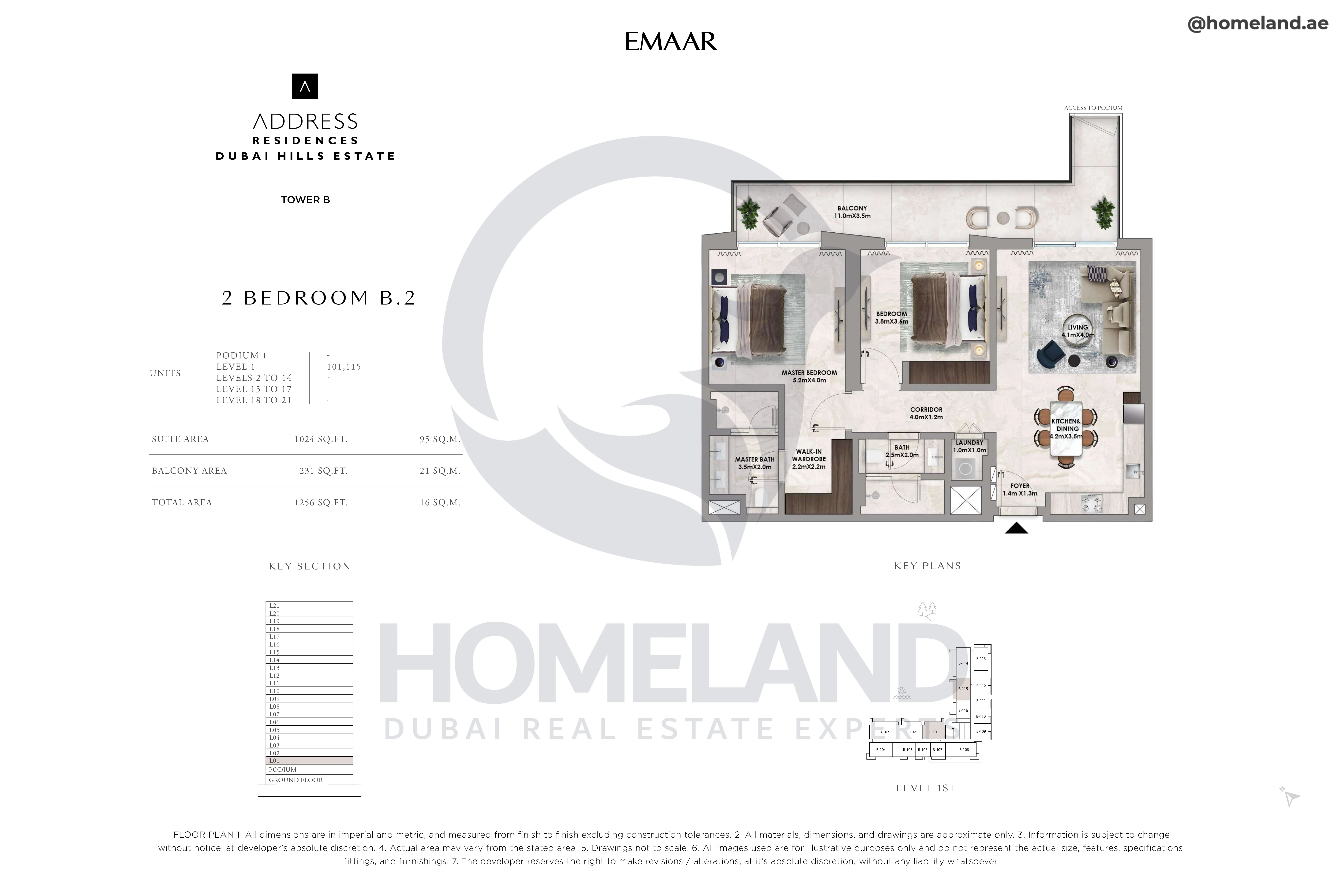 Address Residences, Tower B, 2BR, Type B.2, Level 1, Unit 101-115, 1256 SQFT