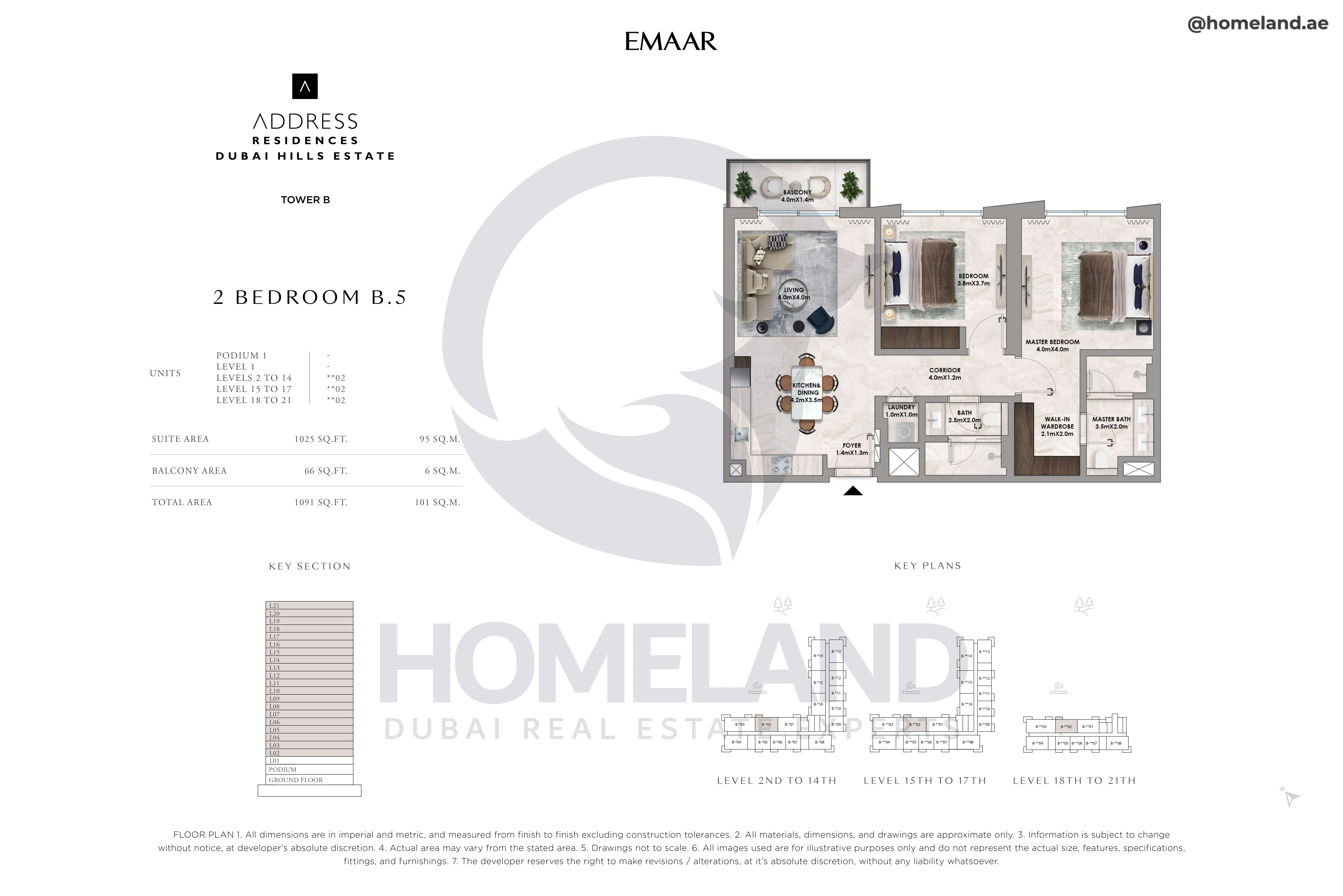 Address Residences, Tower B, 2BR, Type B.5, Level 2 to 21, Unit **02, 1091 SQFT