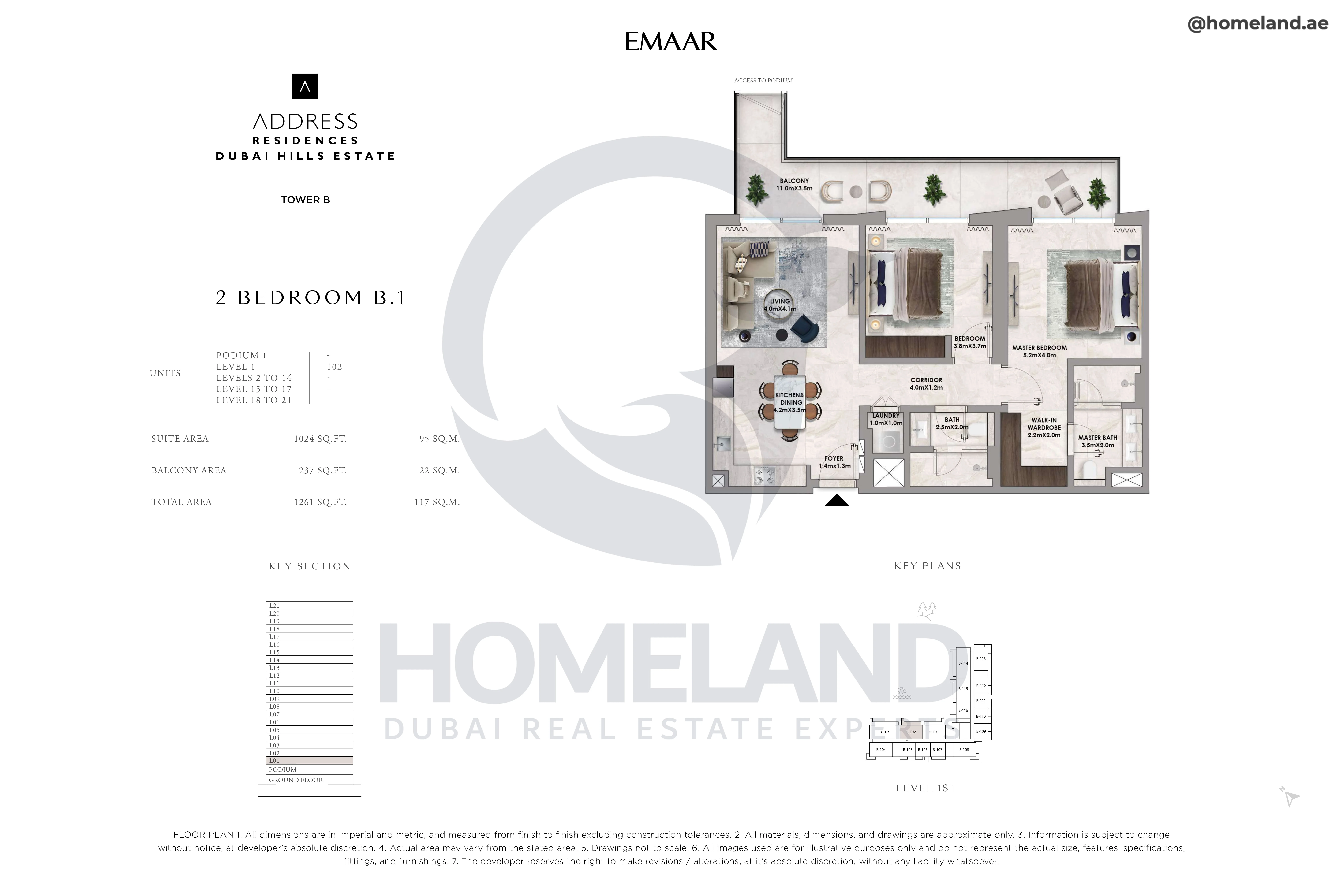 Address Residences, Tower B, 2BR, Type B.1, Level 1, Unit 102, 1261 SQFT
