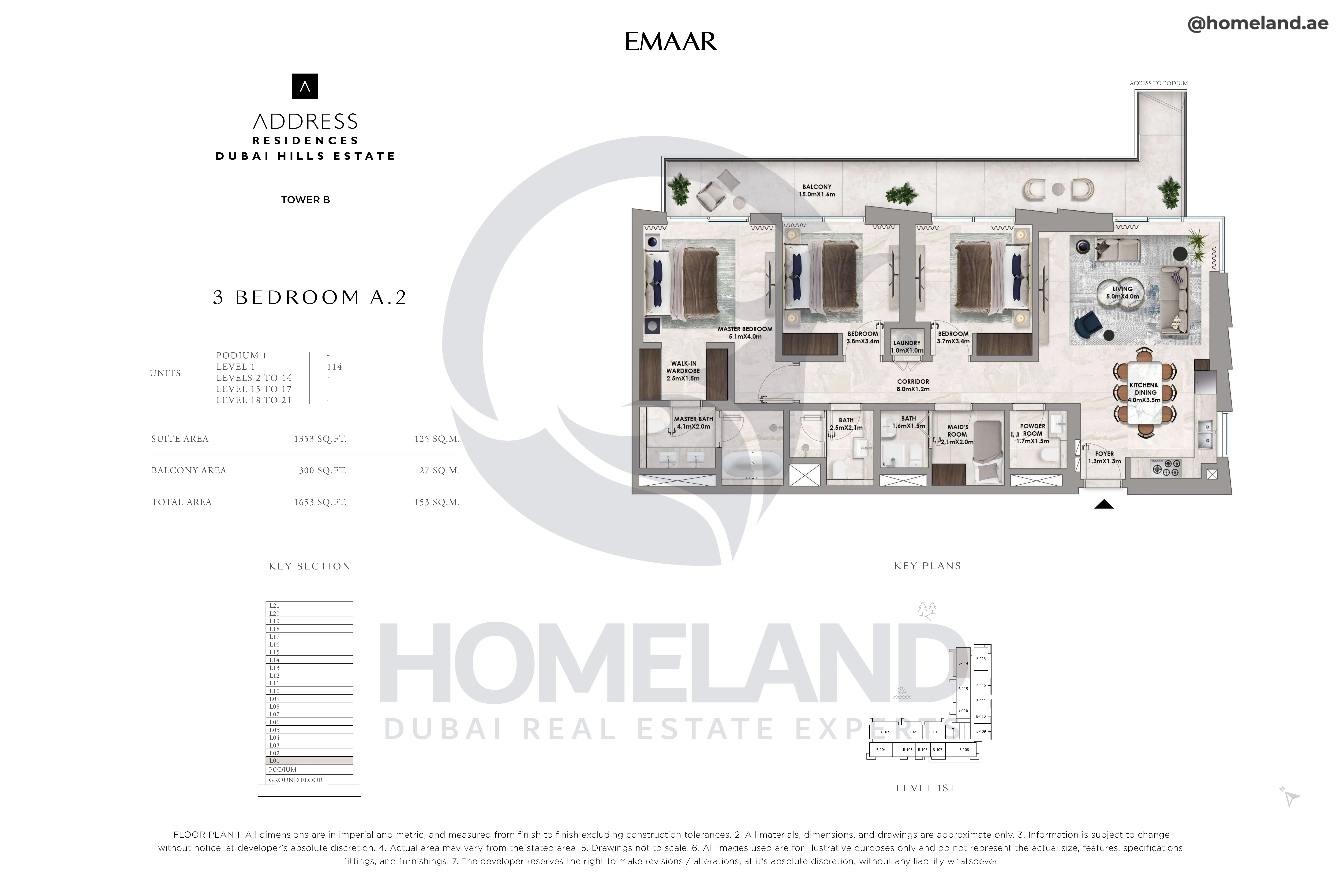 Address Residences, Tower B, 3BR, Type A.2, Level 1, Unit 114, 1653 SQFT
