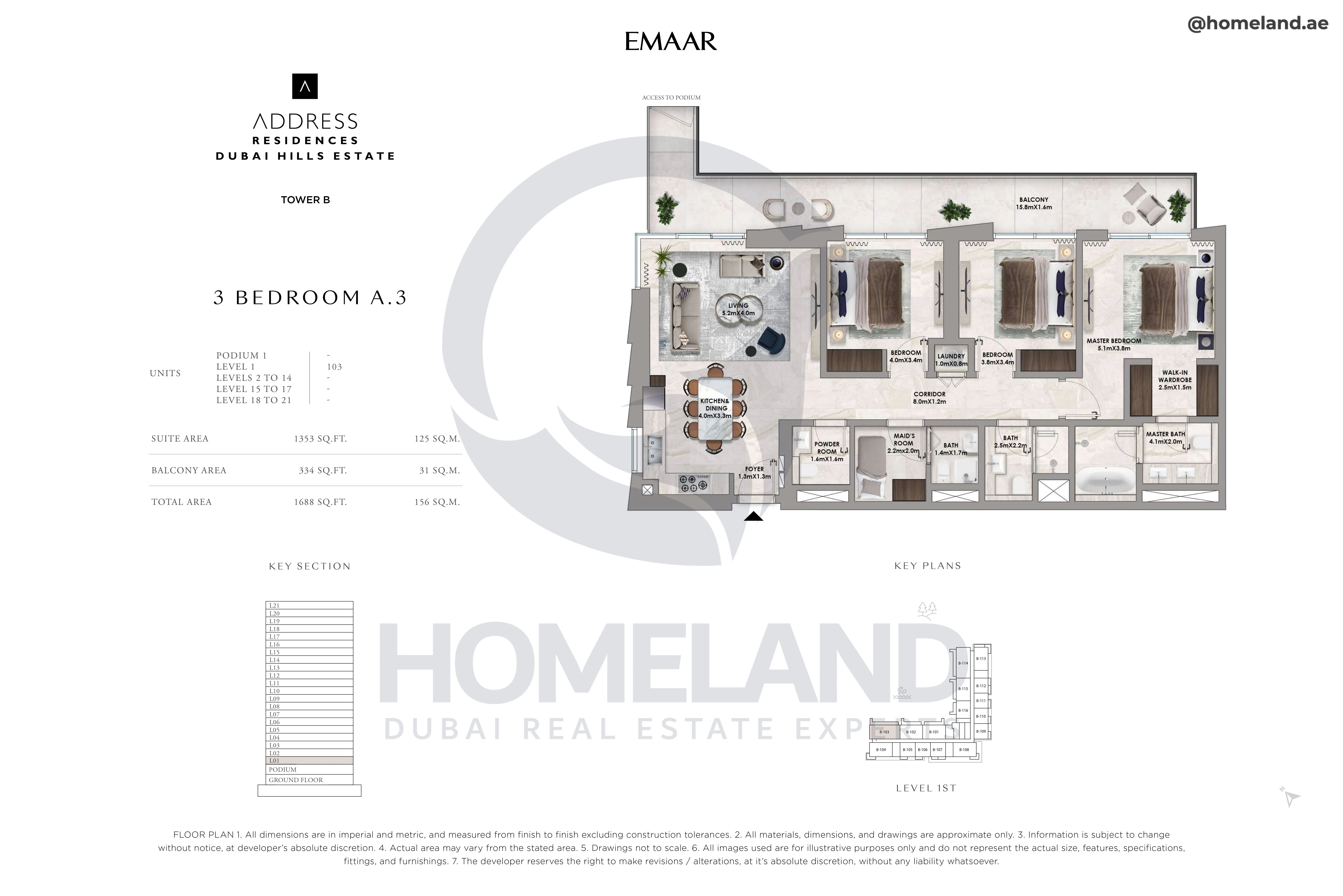 Address Residences, Tower B, 3BR, Type A.3, Level 1, Unit 103, 1688 SQFT