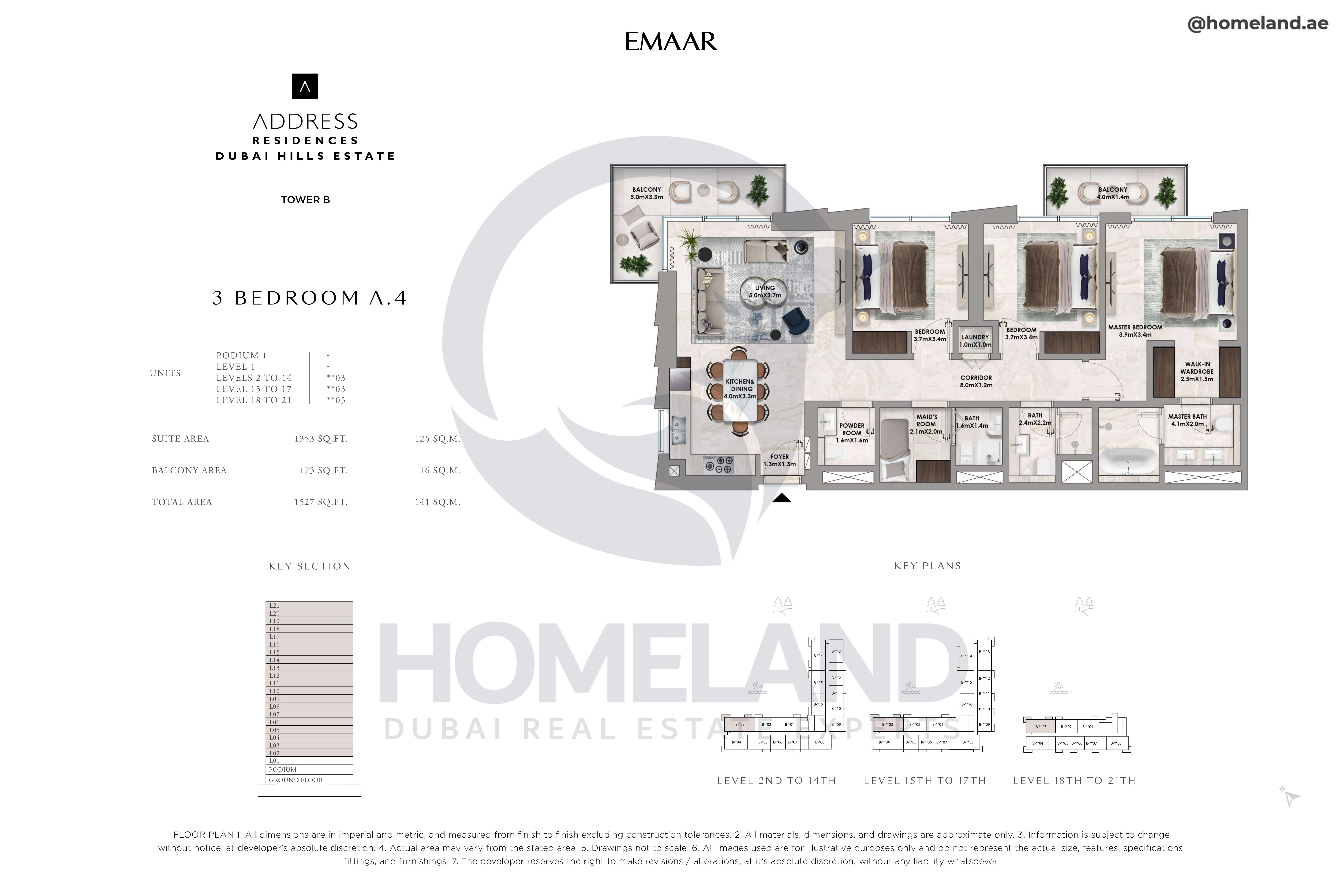 Address Residences, Tower B, 3BR, Type A.4, Level 2 to 21, Unit **03, 1527 SQFT