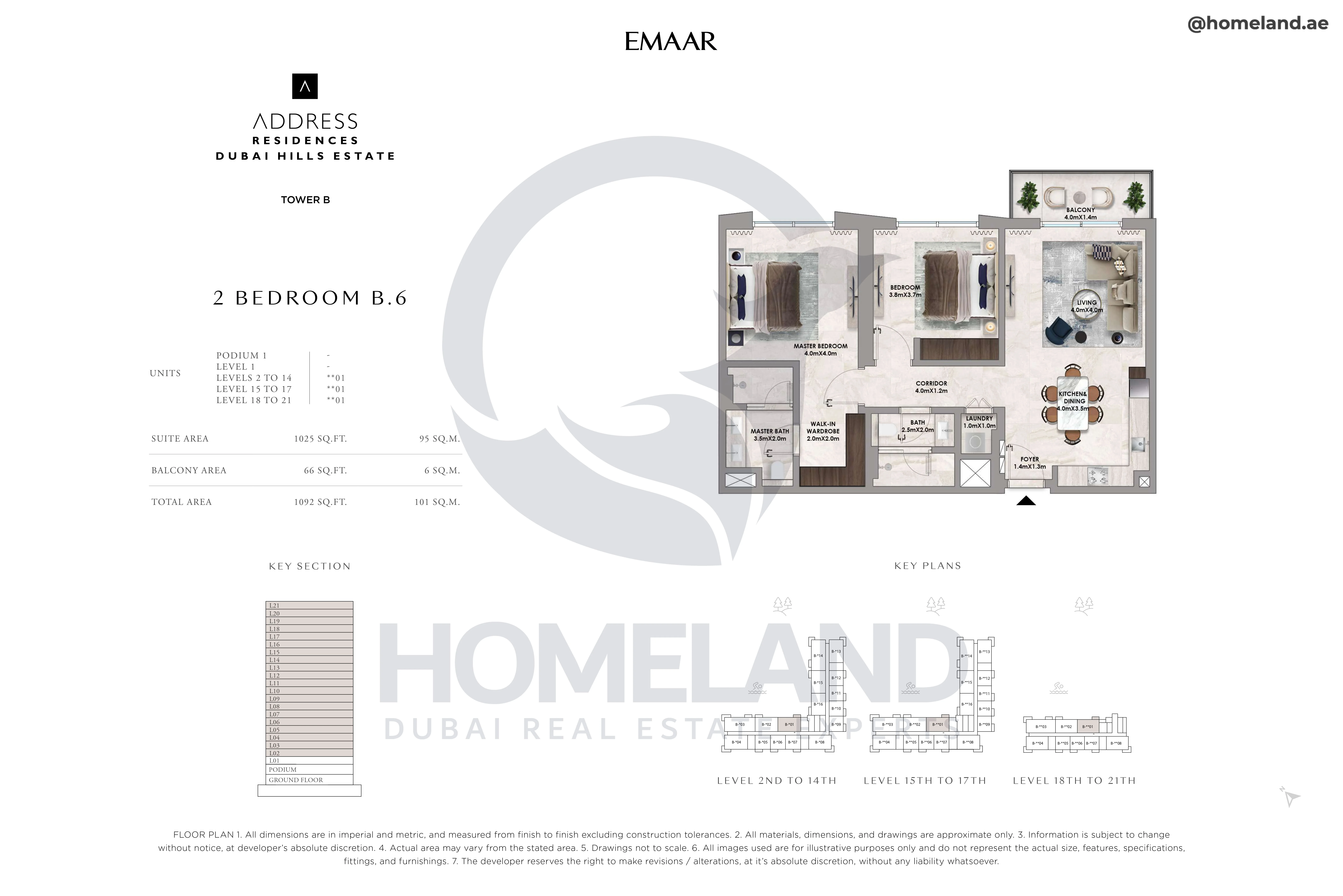 Address Residences, Tower B, 2BR, Type B.6, Level 2 to 21, Unit **01, 1092 SQFT