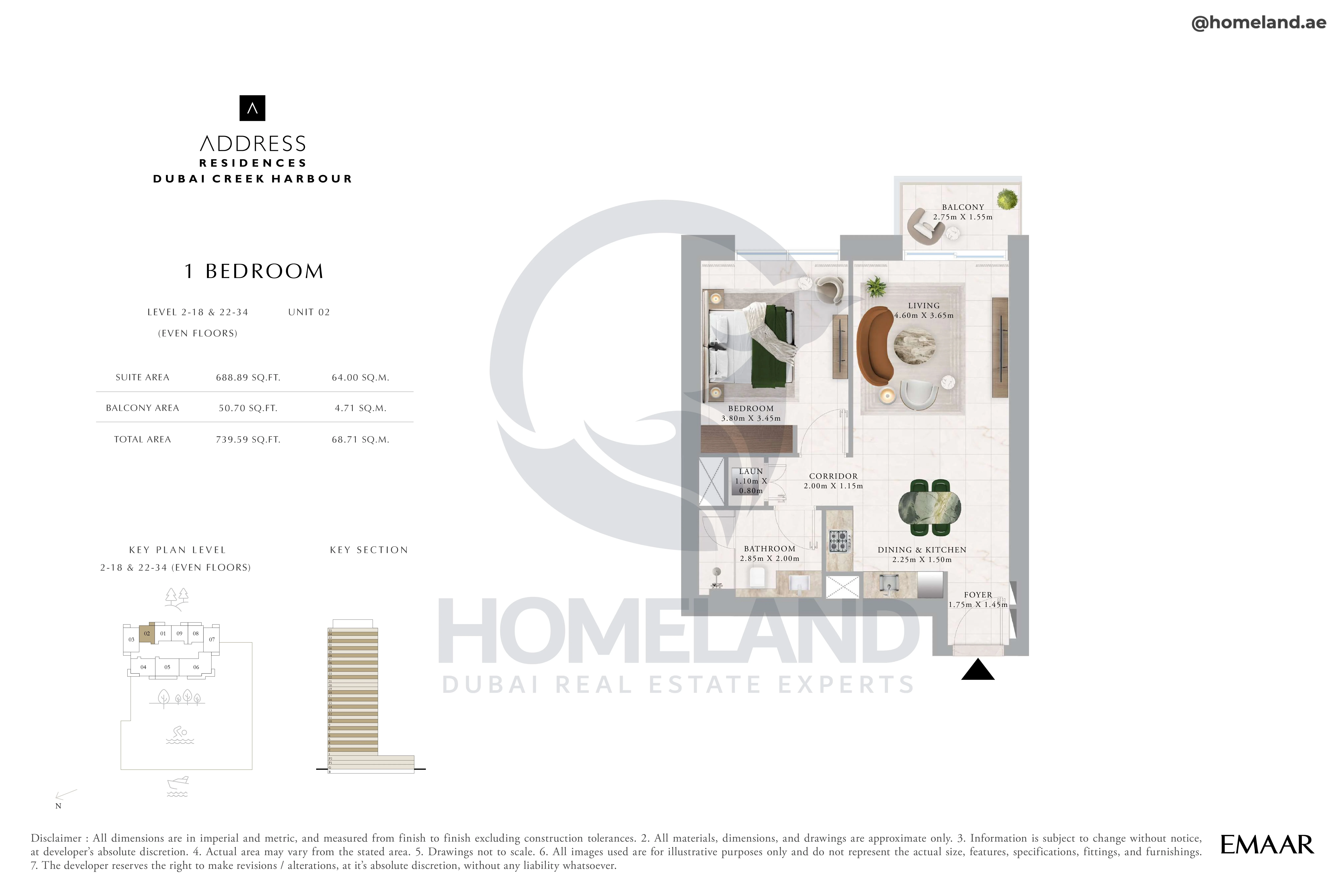 Address Residences, 1BR, Level 2 to 18-22 to 34, Unit 02, 739 SQFT