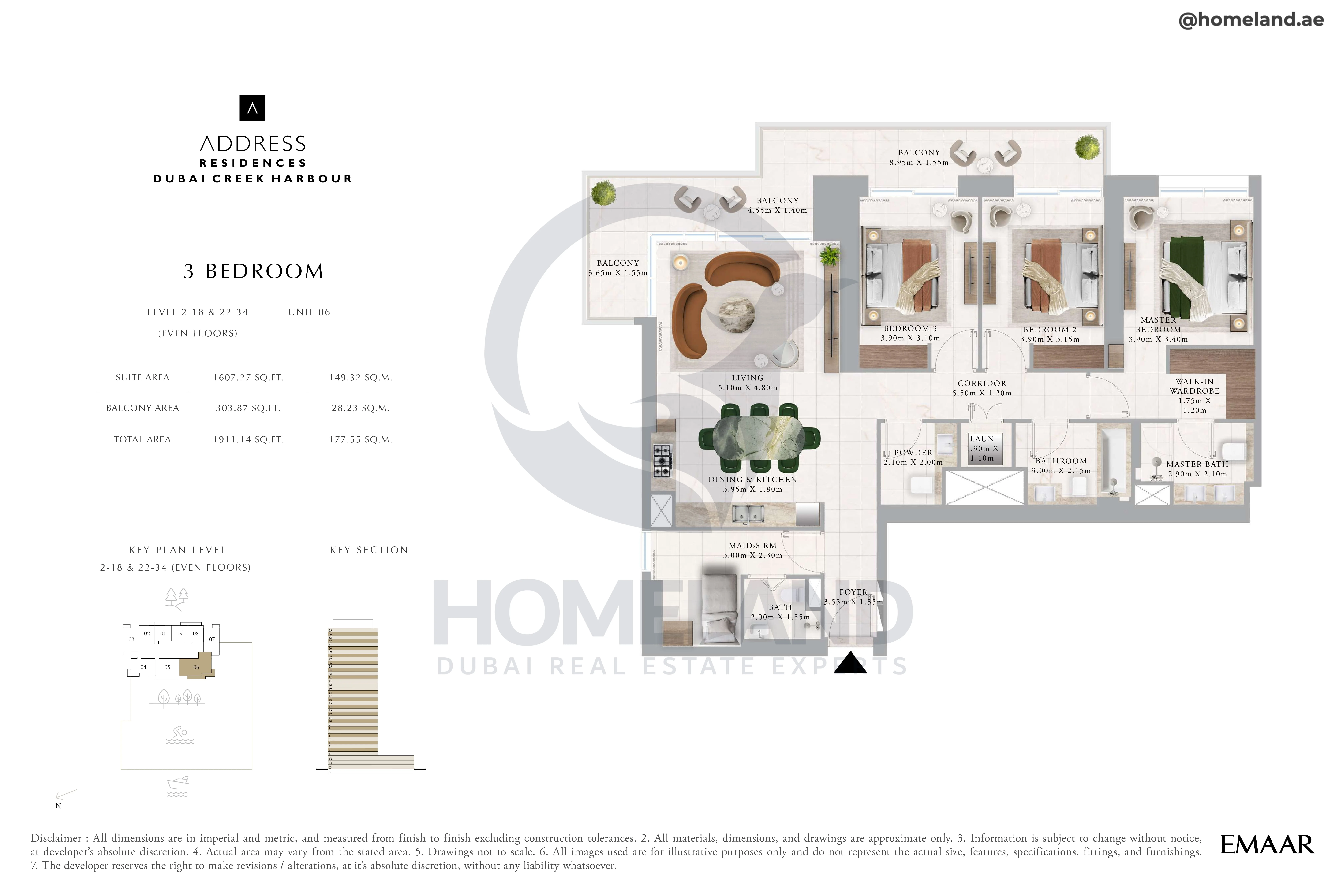 Address Residences, 3BR, Level 2 to 18-22 to 34, Unit 06, 1911 SQFT