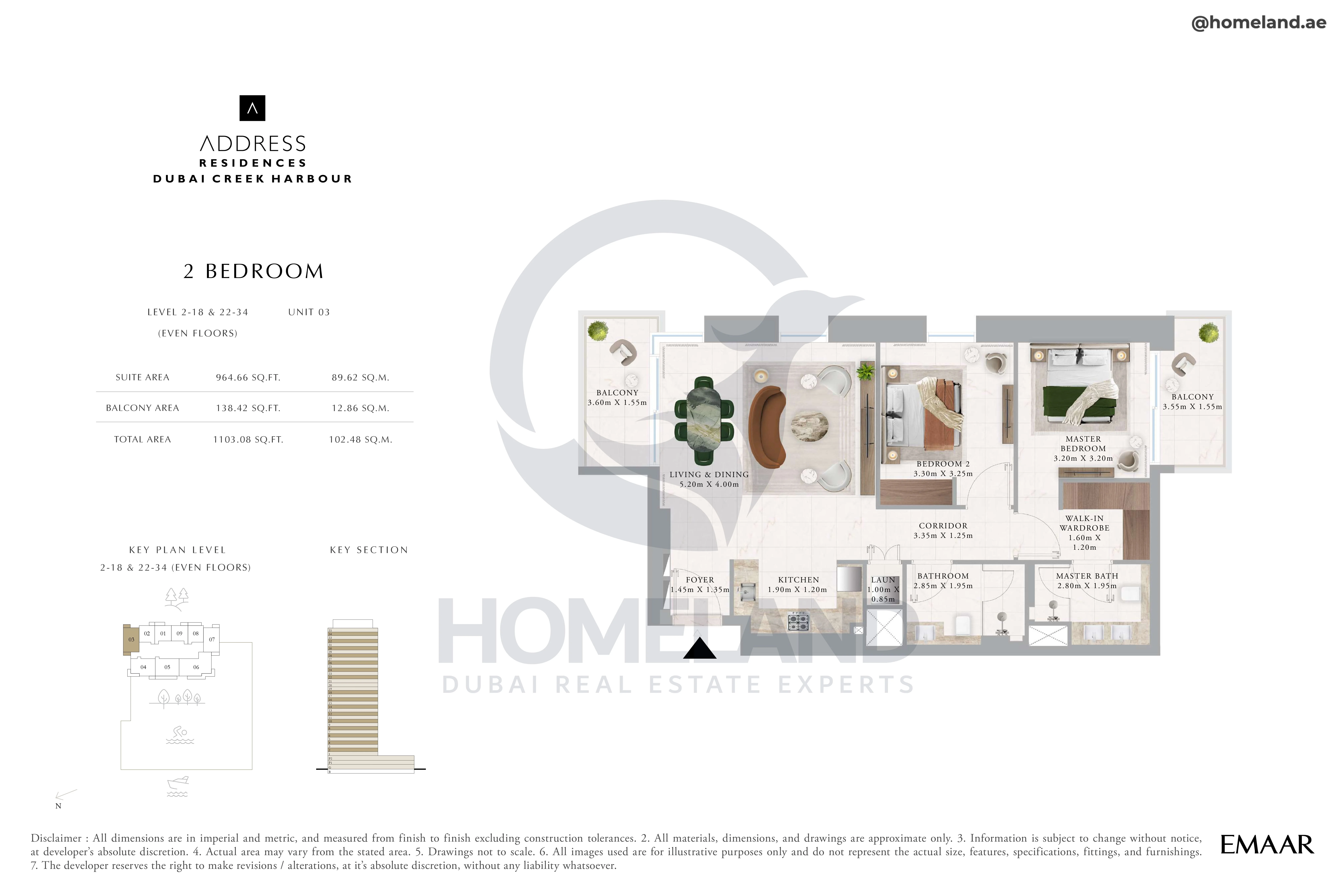 Address Residences, 2BR, Level 2 to 18-22 to 34, Unit 03, 1103 SQFT