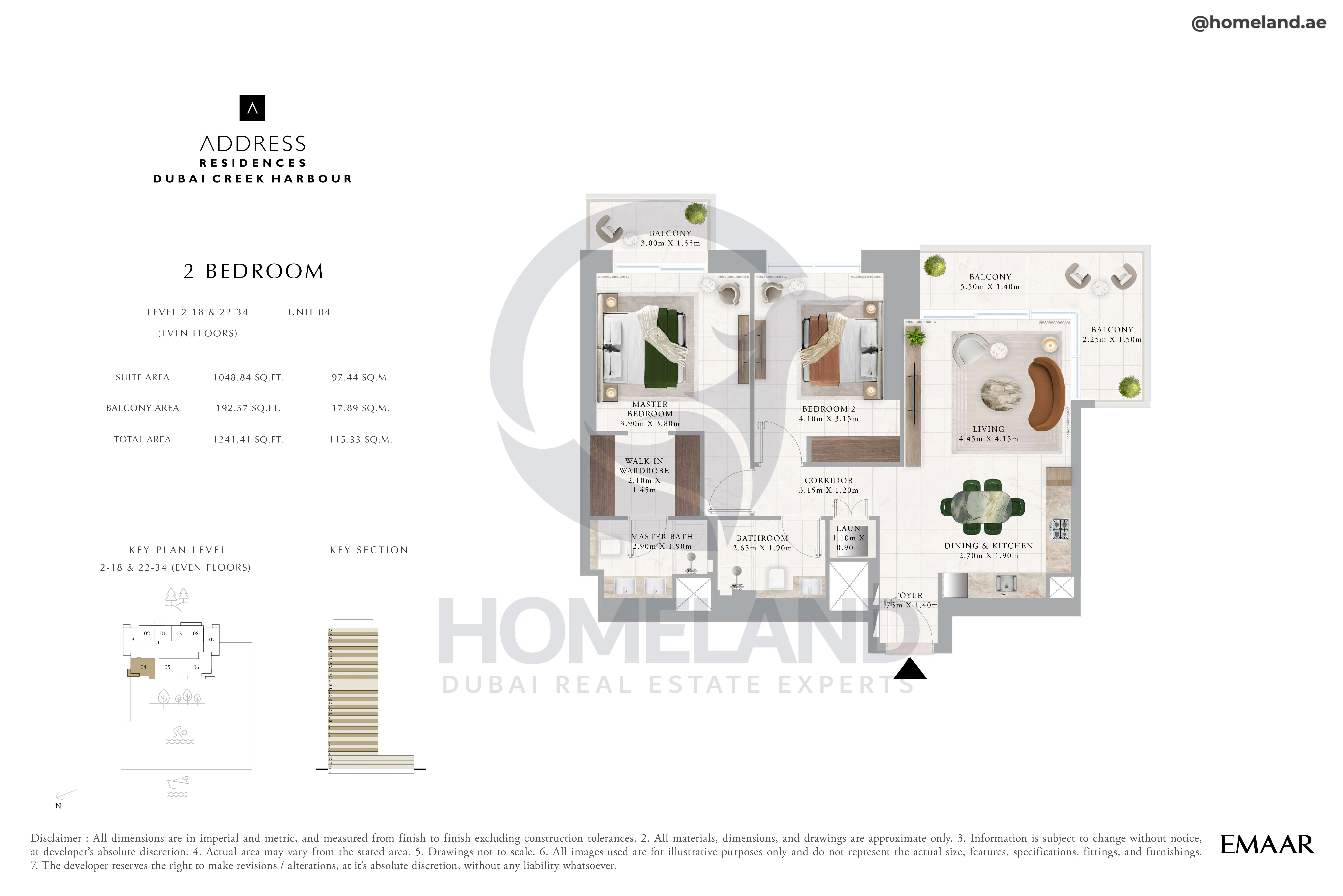 Address Residences, 2BR, Level 2 to 18-22 to 34, Unit 04, 1241 SQFT