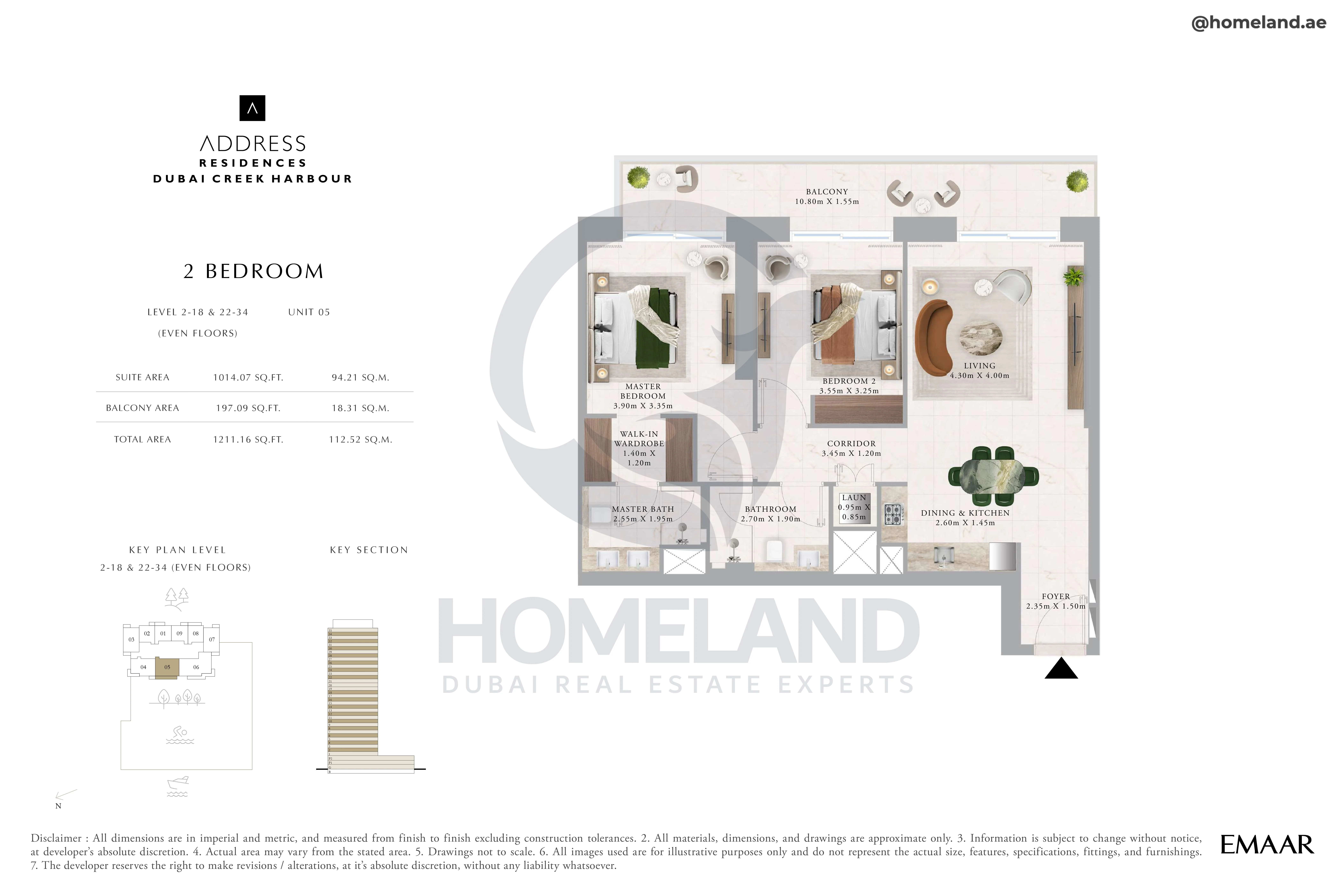 Address Residences, 2BR, Level 2 to 18-22 to 34, Unit 05, 1211 SQFT