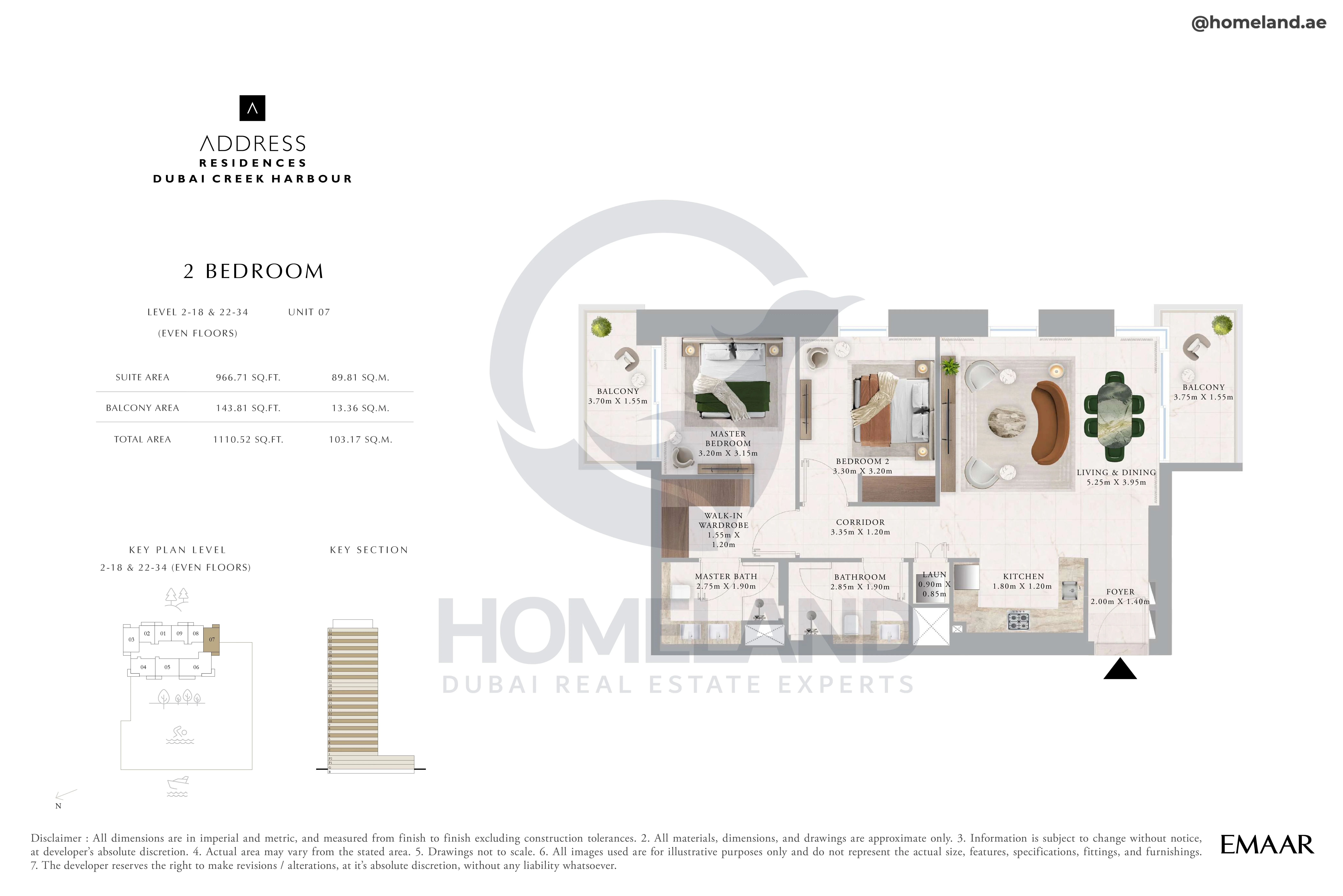 Address Residences, 2BR, Level 2 to 18-22 to 34, Unit 07, 1110 SQFT