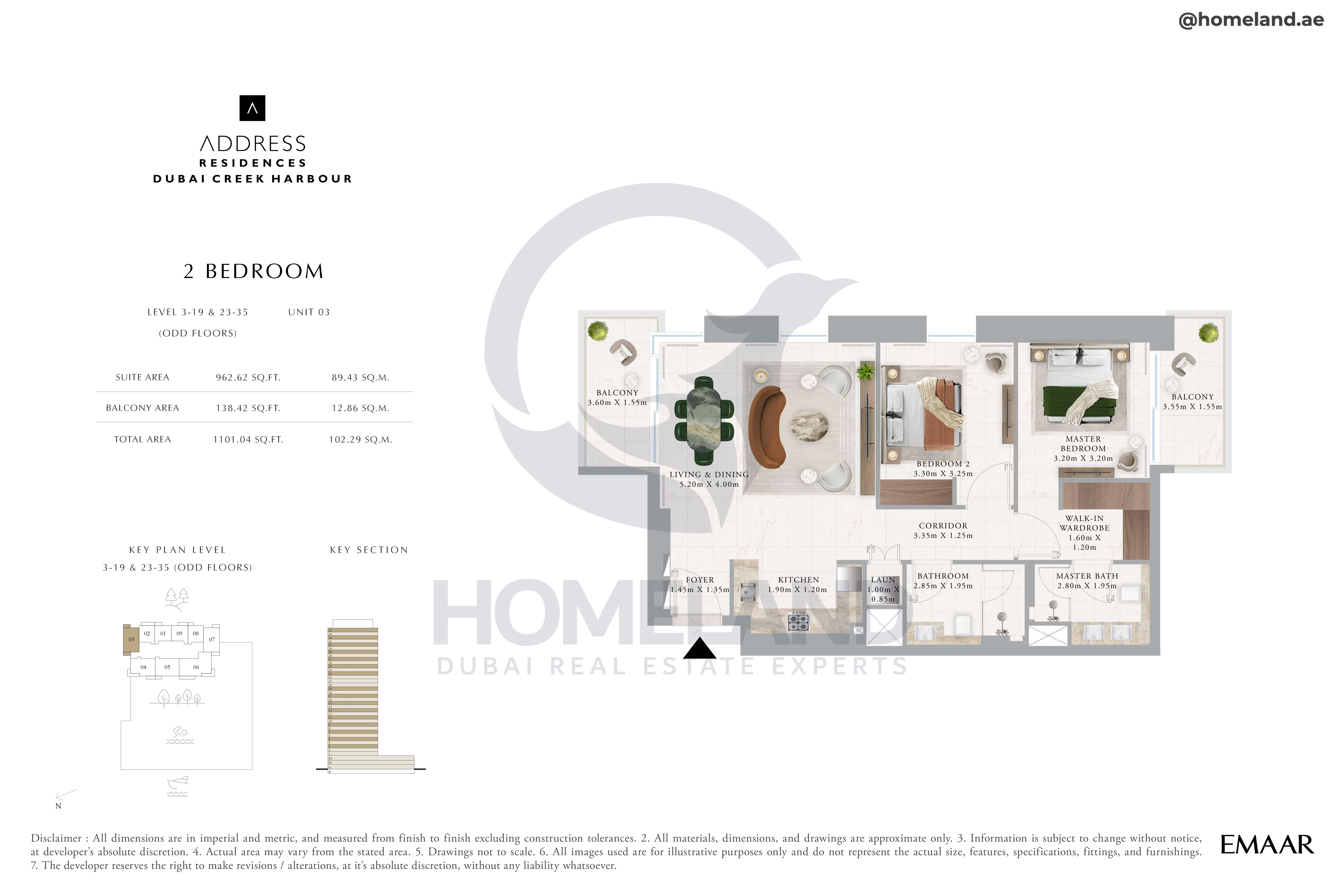 Address Residences, 2BR, Level 3 to 19-23 to 35, Unit 03, 1101 SQFT