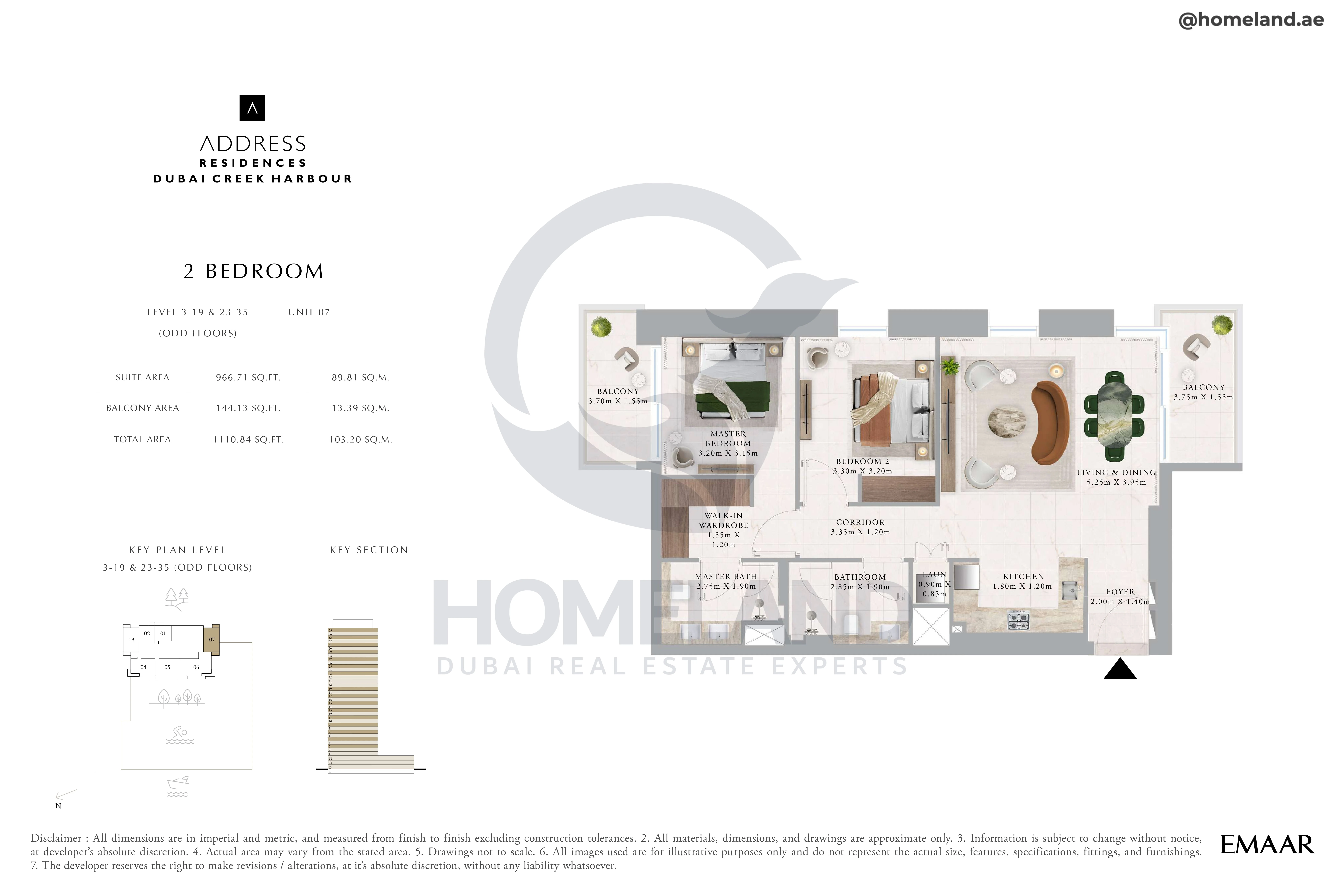 Address Residences, 2BR, Level 3 to 19-23 to 35, Unit 07, 1110 SQFT
