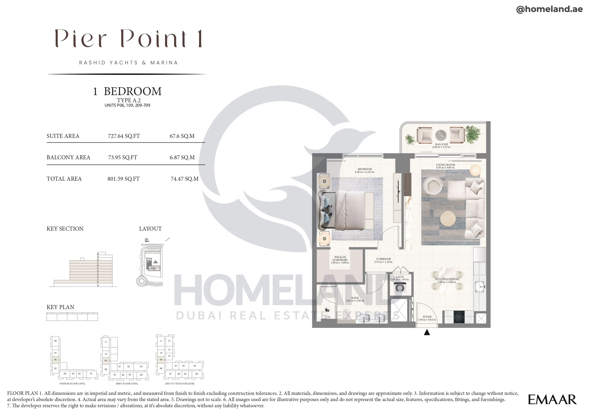 Pier Point 1, 1BR, Type A.2, Unit P06-109-209 to 709, Level P to 7, 801 SQFT