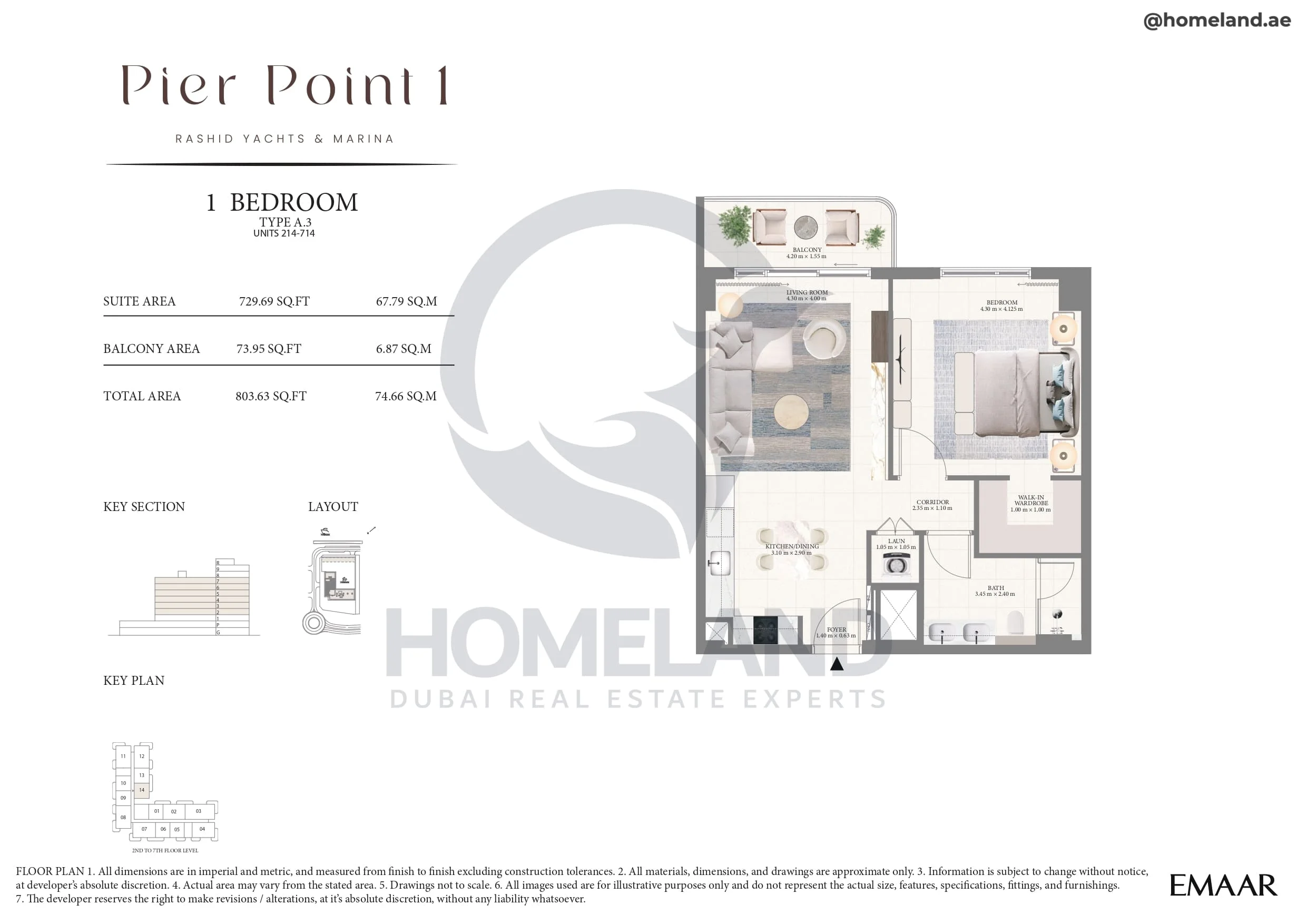 Pier Point 1, 1BR, Type A.3, Unit 214 to 714, Level 2 to 7, 803 SQFT