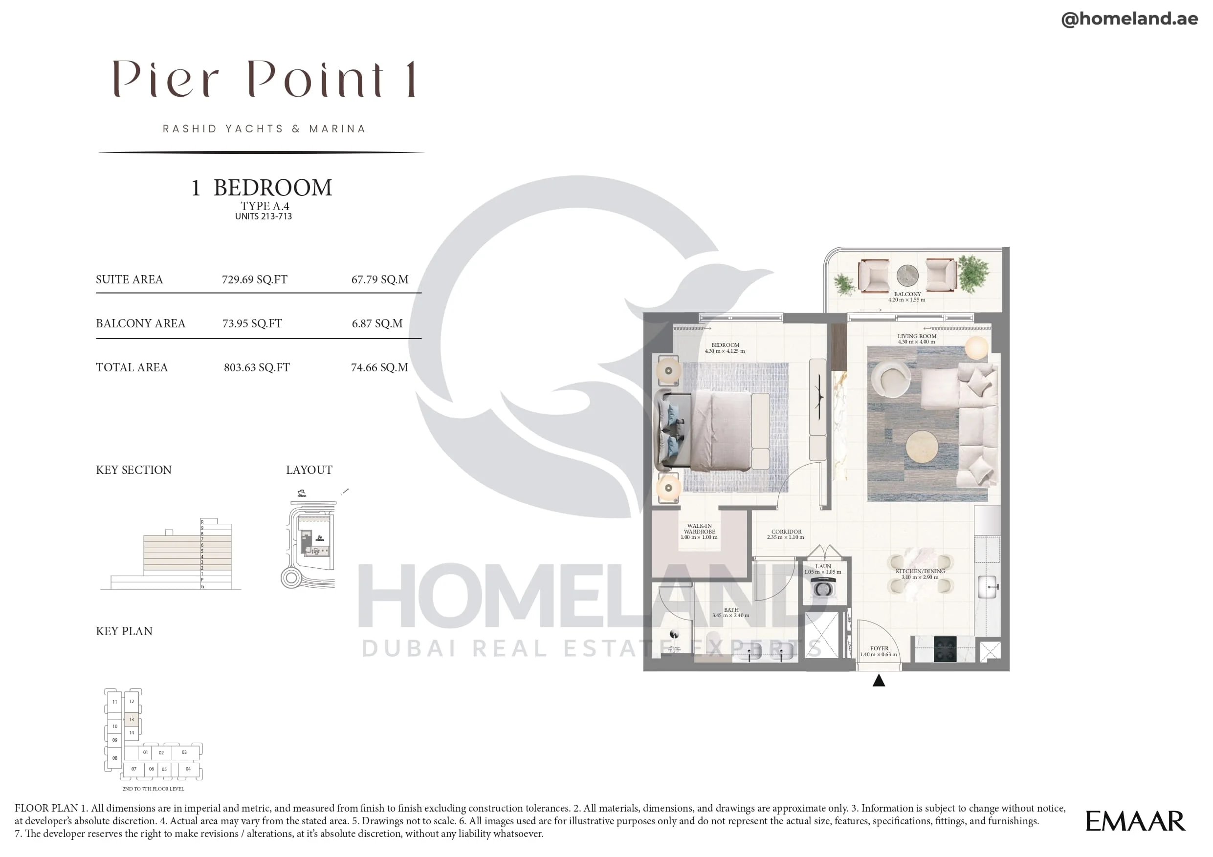 Pier Point 1, 1BR, Type A.4, Unit 213 to 713, Level 2 to 7, 803 SQFT