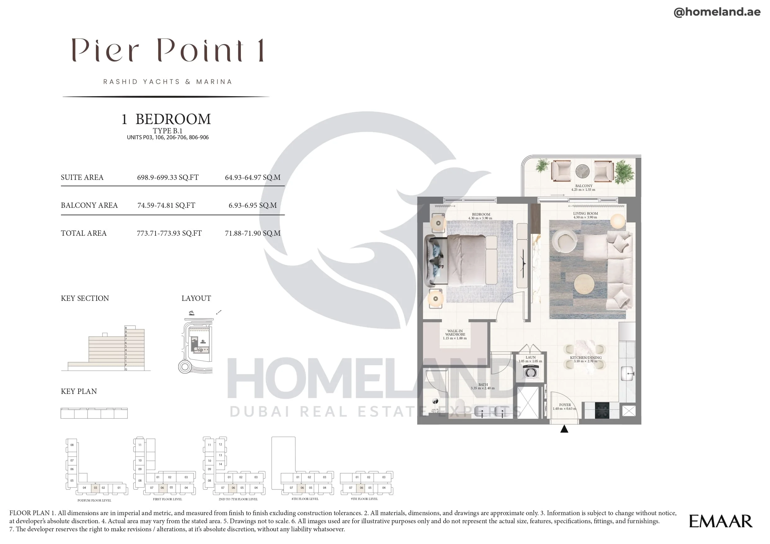 Pier Point 1, 1BR, Type B.1, Unit P03-106-206 to 706-806 to 906, Level P to 9, 773 SQFT