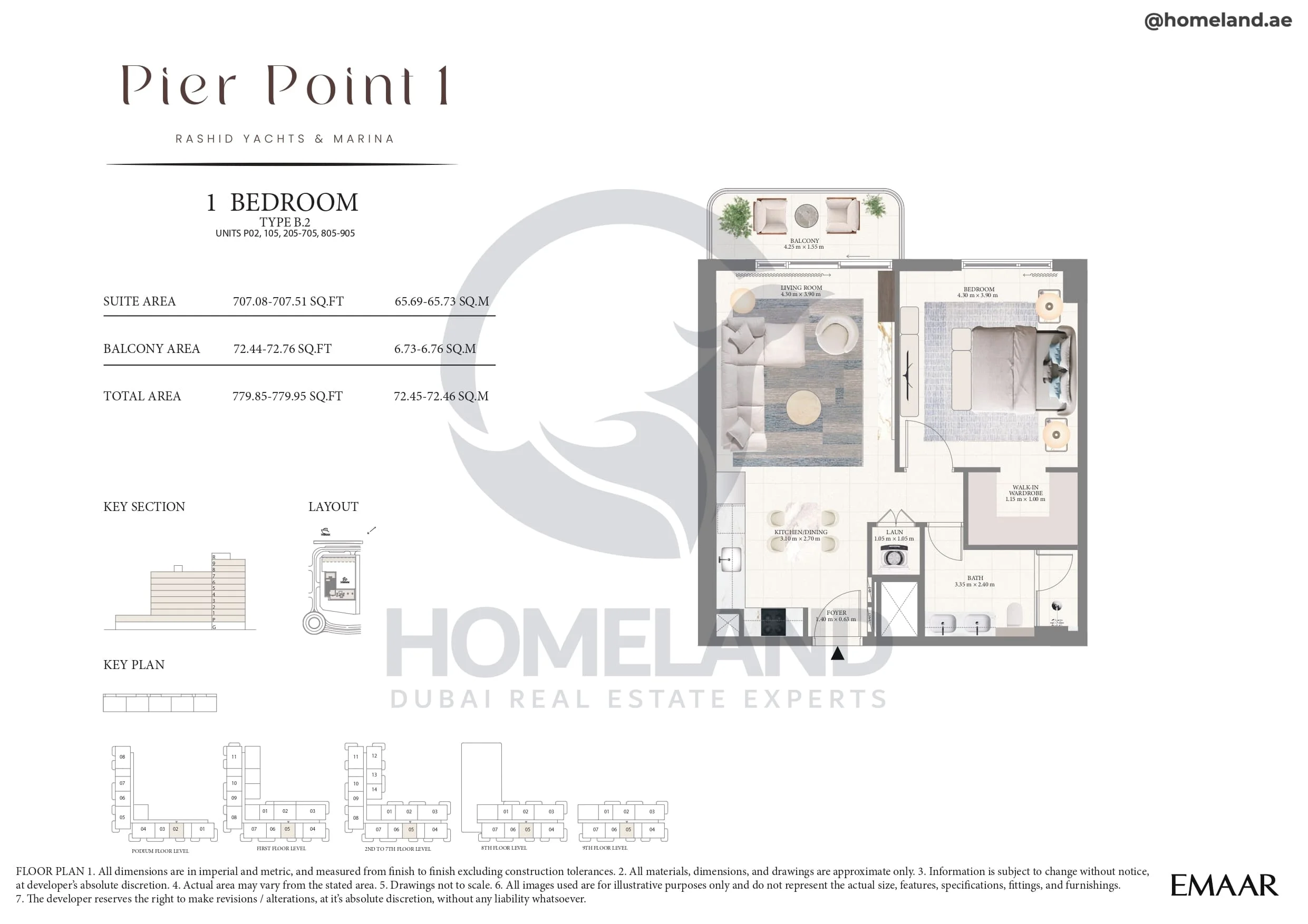 Pier Point 1, 1BR, Type B.2, Unit P02-105-205 to 705-805 to 905, Level P to 9, 779 SQFT