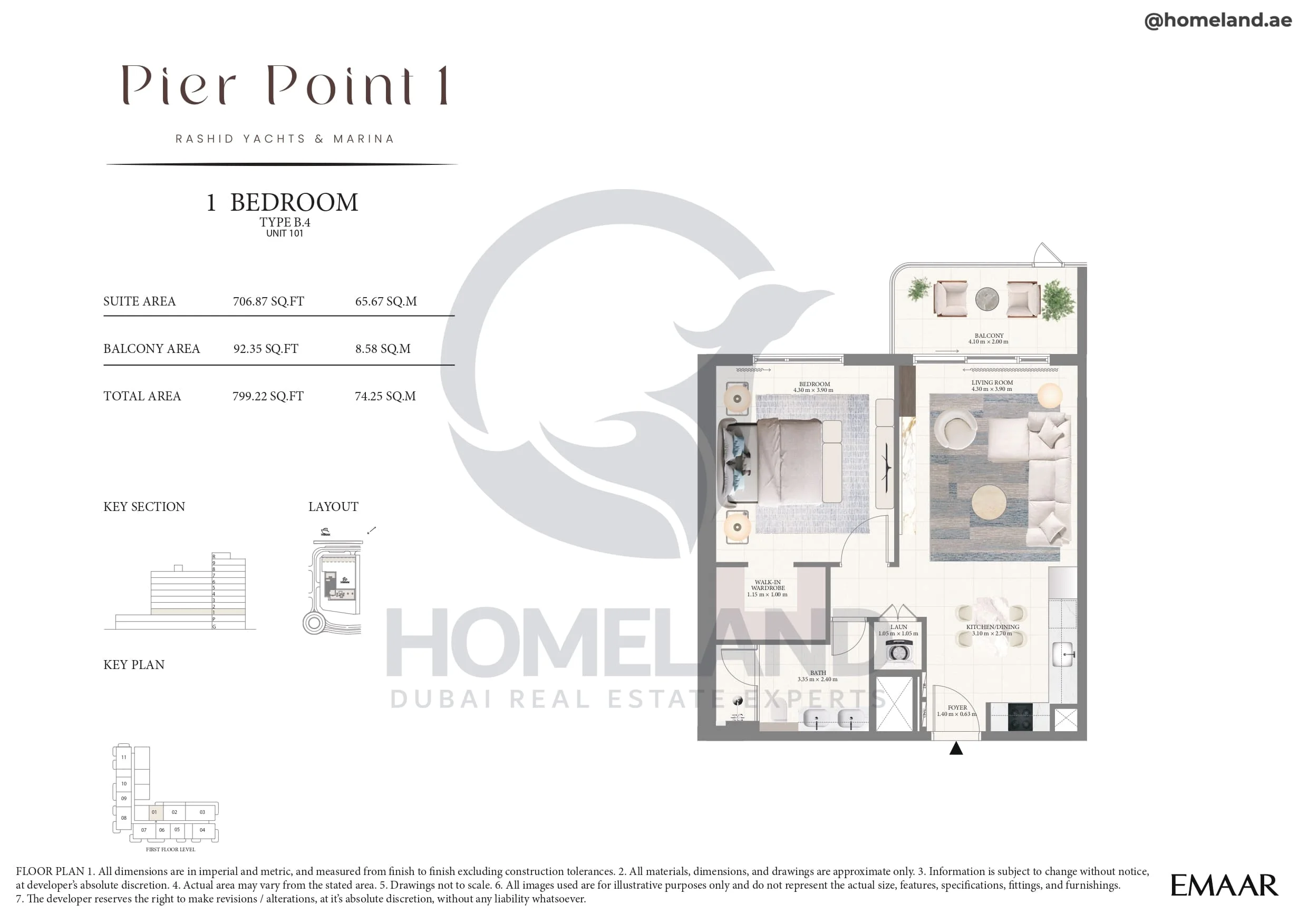 Pier Point 1, 1BR, Type B.4, Unit 101, Level 1, 799 SQFT