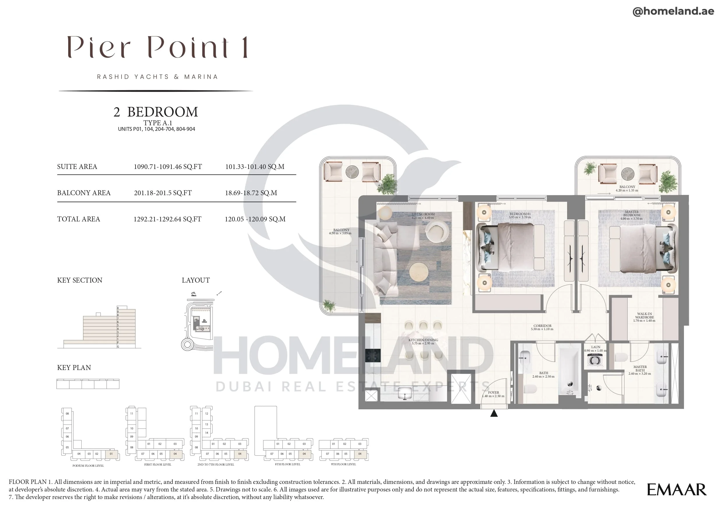 Pier Point 1, 2BR, Type A.1, Unit P01-104-204 to 704-804 to 904, Level P to 9, 1292 SQFT