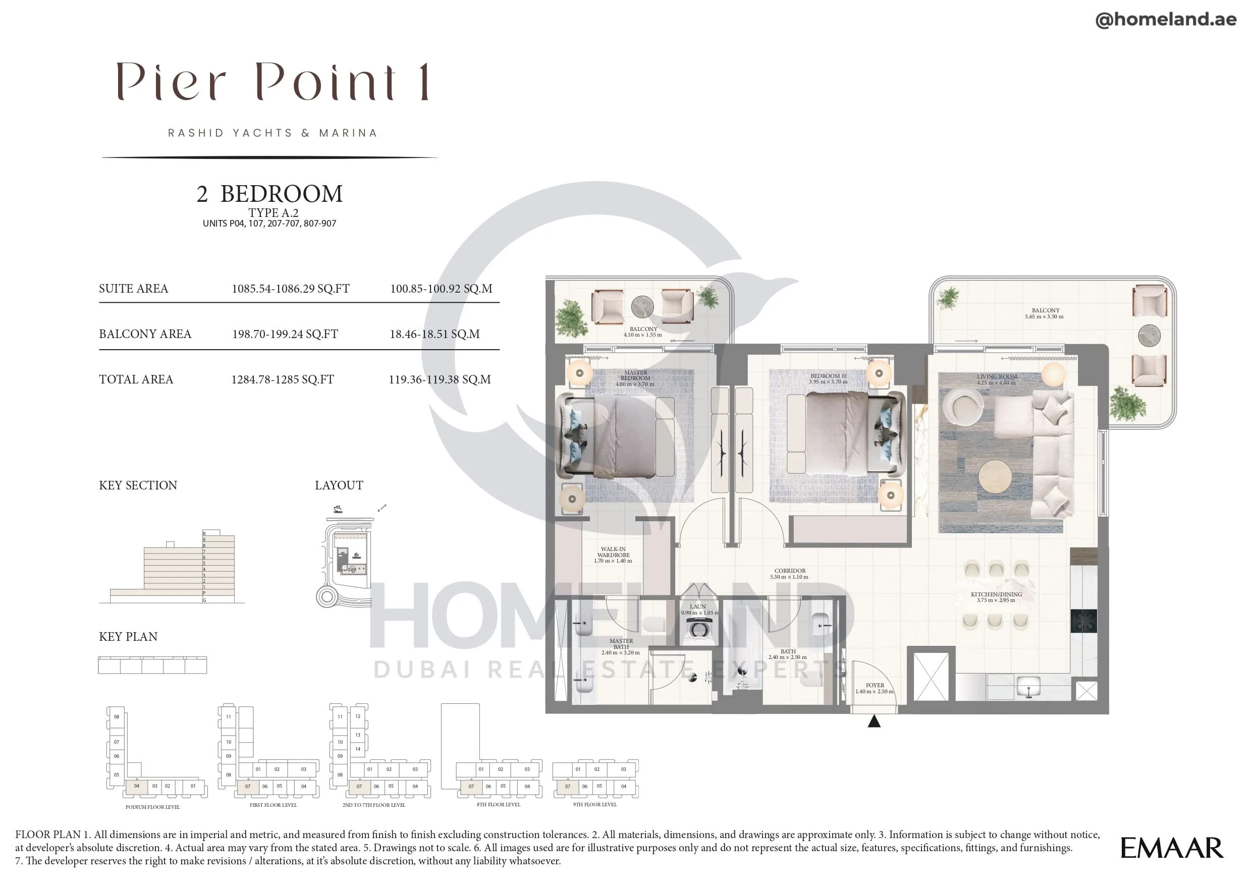 Pier Point 1, 2BR, Type A.2, Unit P04-107-207 to 707-807 to 907, Level P to 9, 1284 SQFT