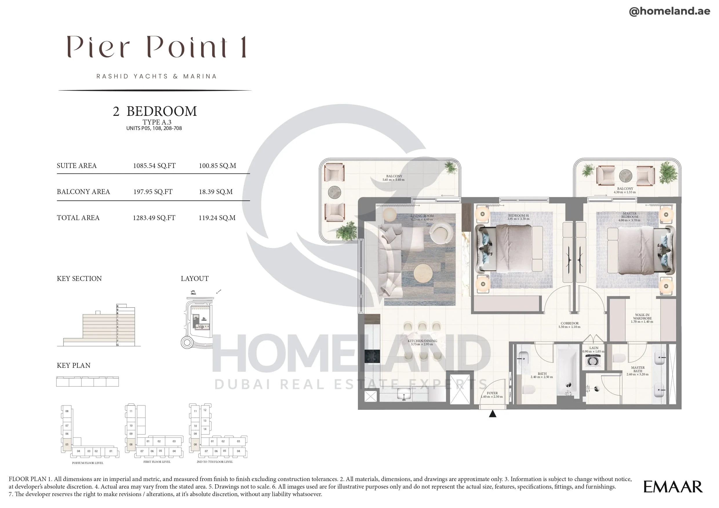 Pier Point 1, 2BR, Type A.3, Unit P05-108-208 to 708, Level P to 7, 1283 SQFT
