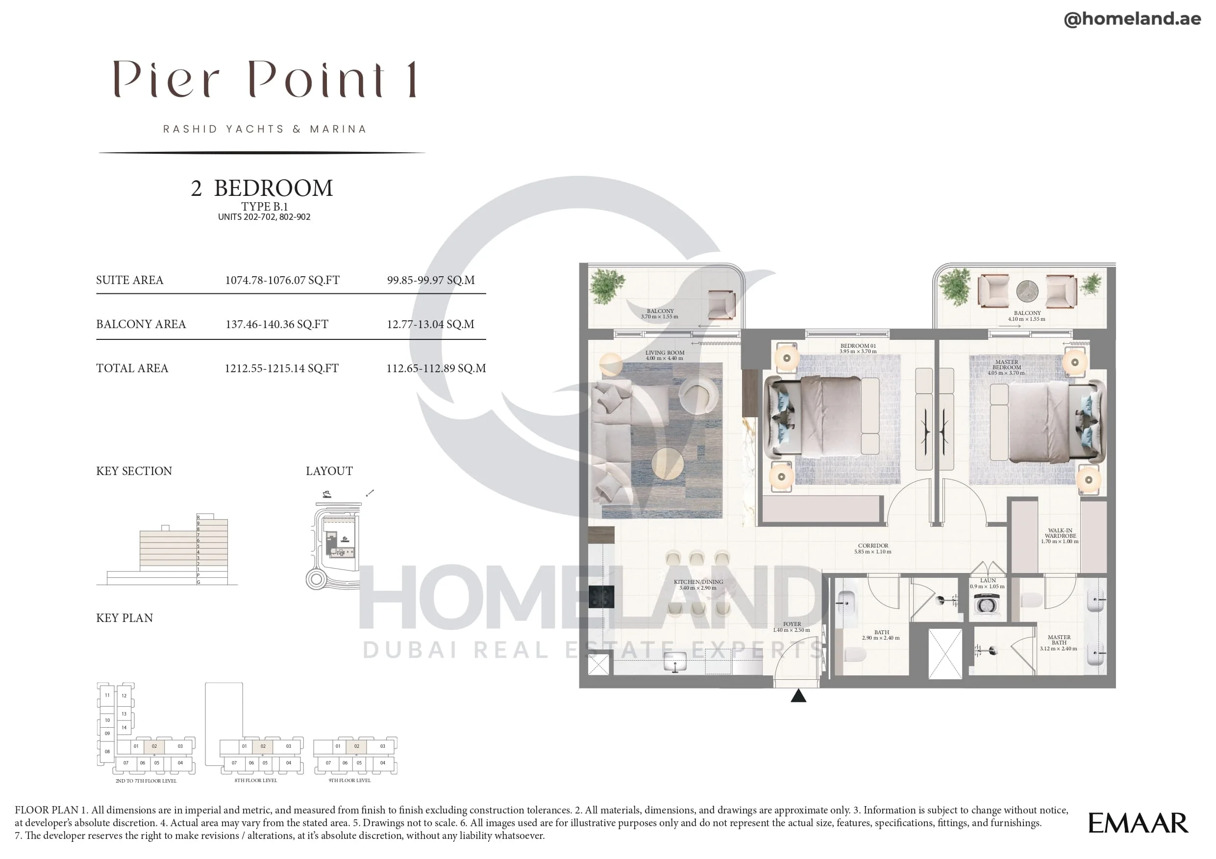 Pier Point 1, 2BR, Type B.1, Unit 202 to 702-802 to 902, Level 2 to 9, 1215 SQFT