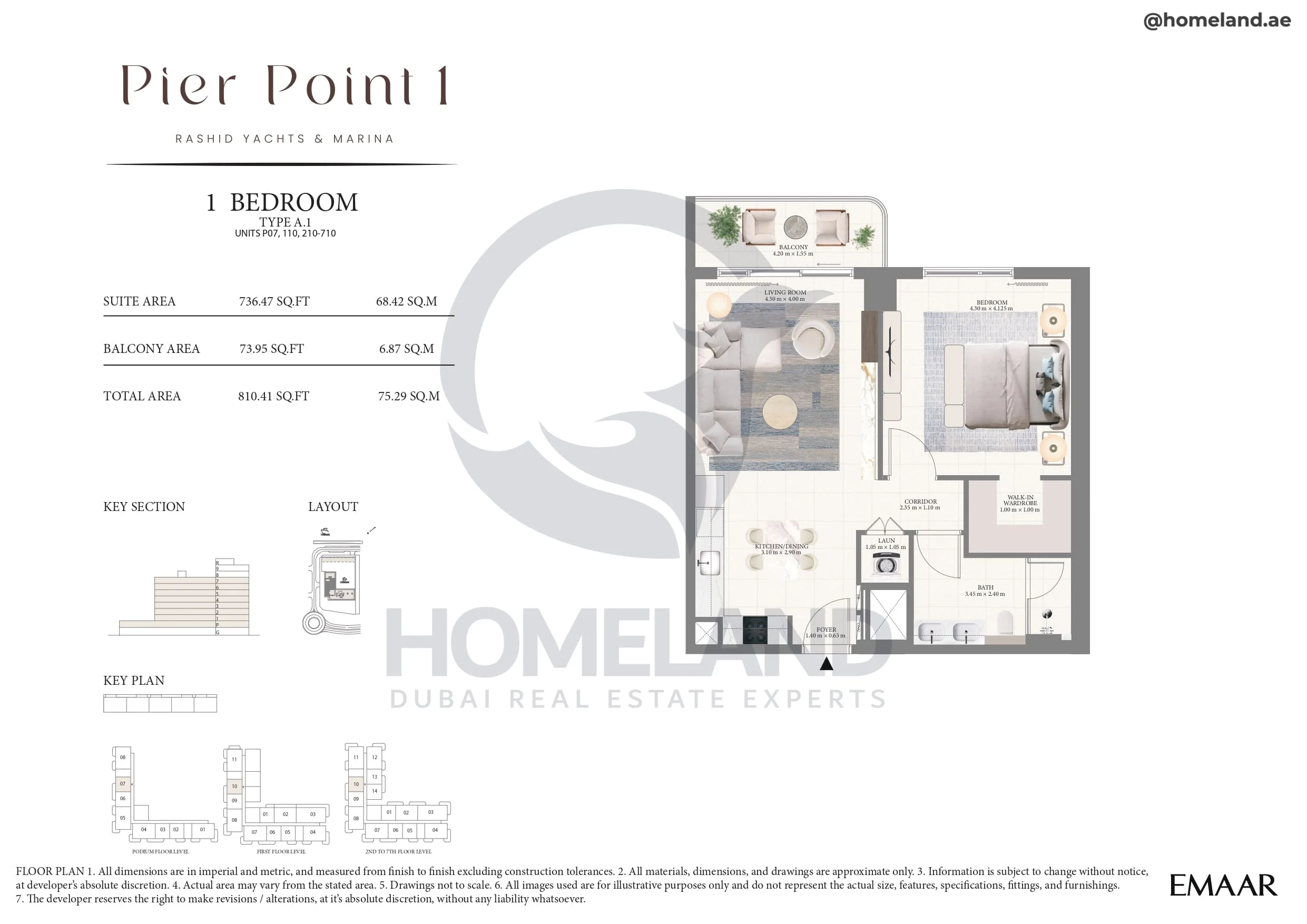 Pier Point 1, 1BR, Type A.1, Unit P07-110-210 to 710, Level P to 7, 810 SQFT