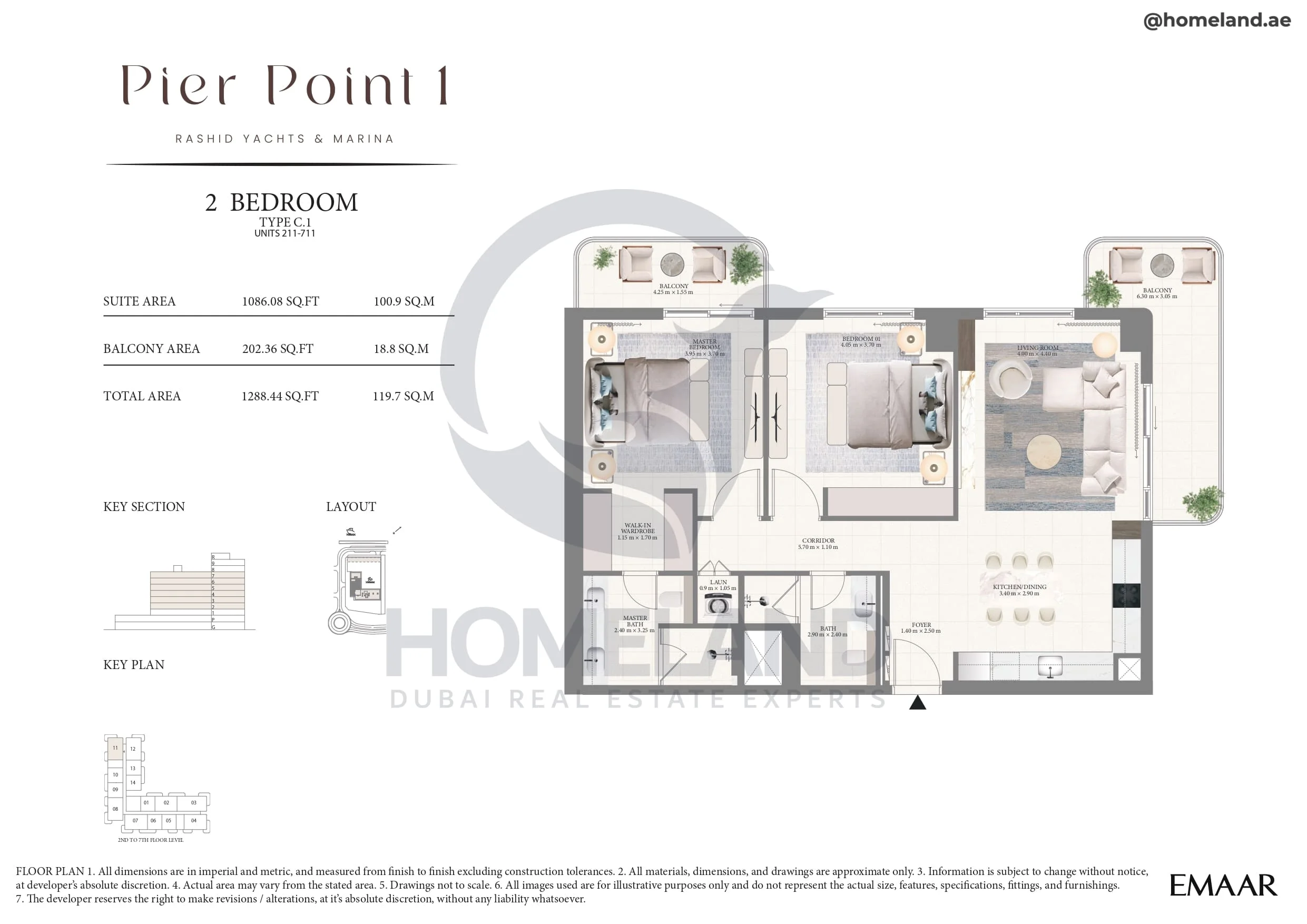 Pier Point 1, 2BR, Type C.1, Unit 211 to 711, Level 2 to 7, 1288 SQFT