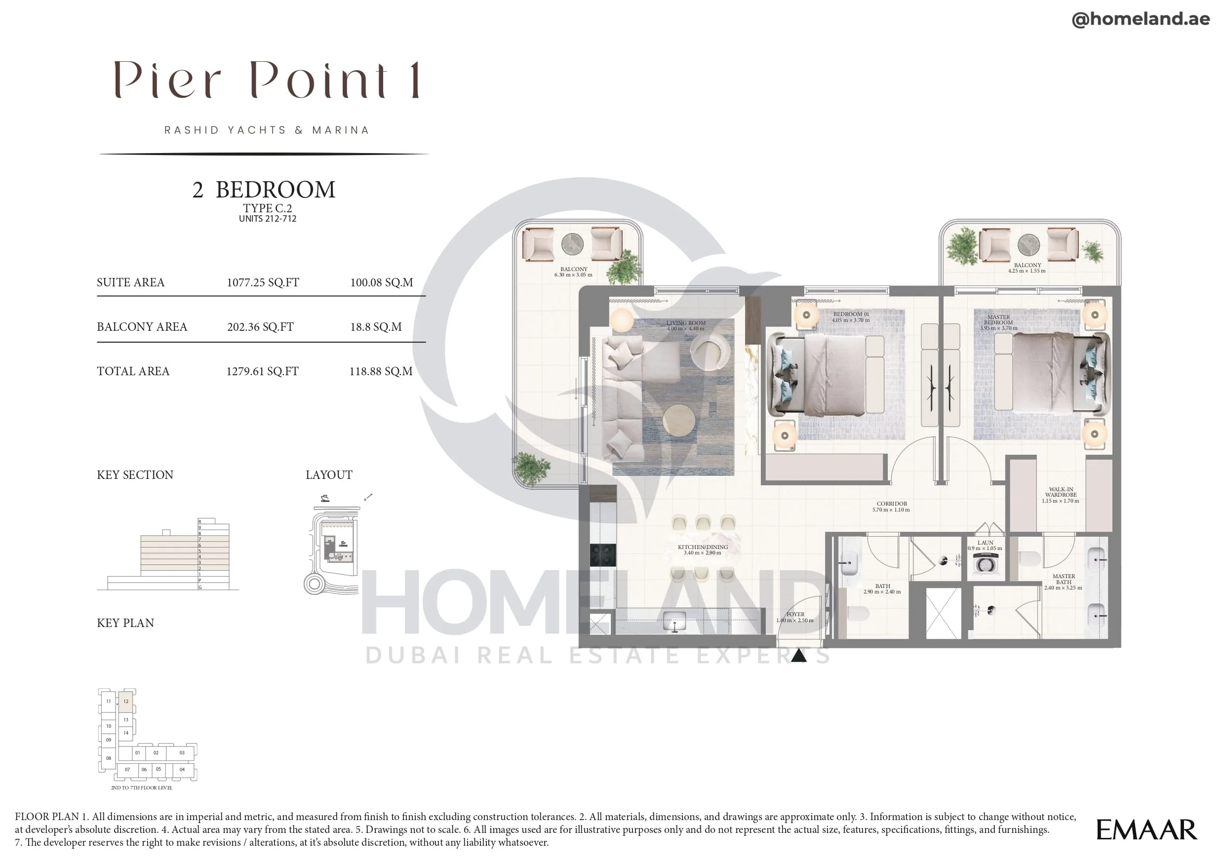 Pier Point 1, 2BR, Type C.2, Unit 212 to 712, Level 2 to 7, 1279 SQFT