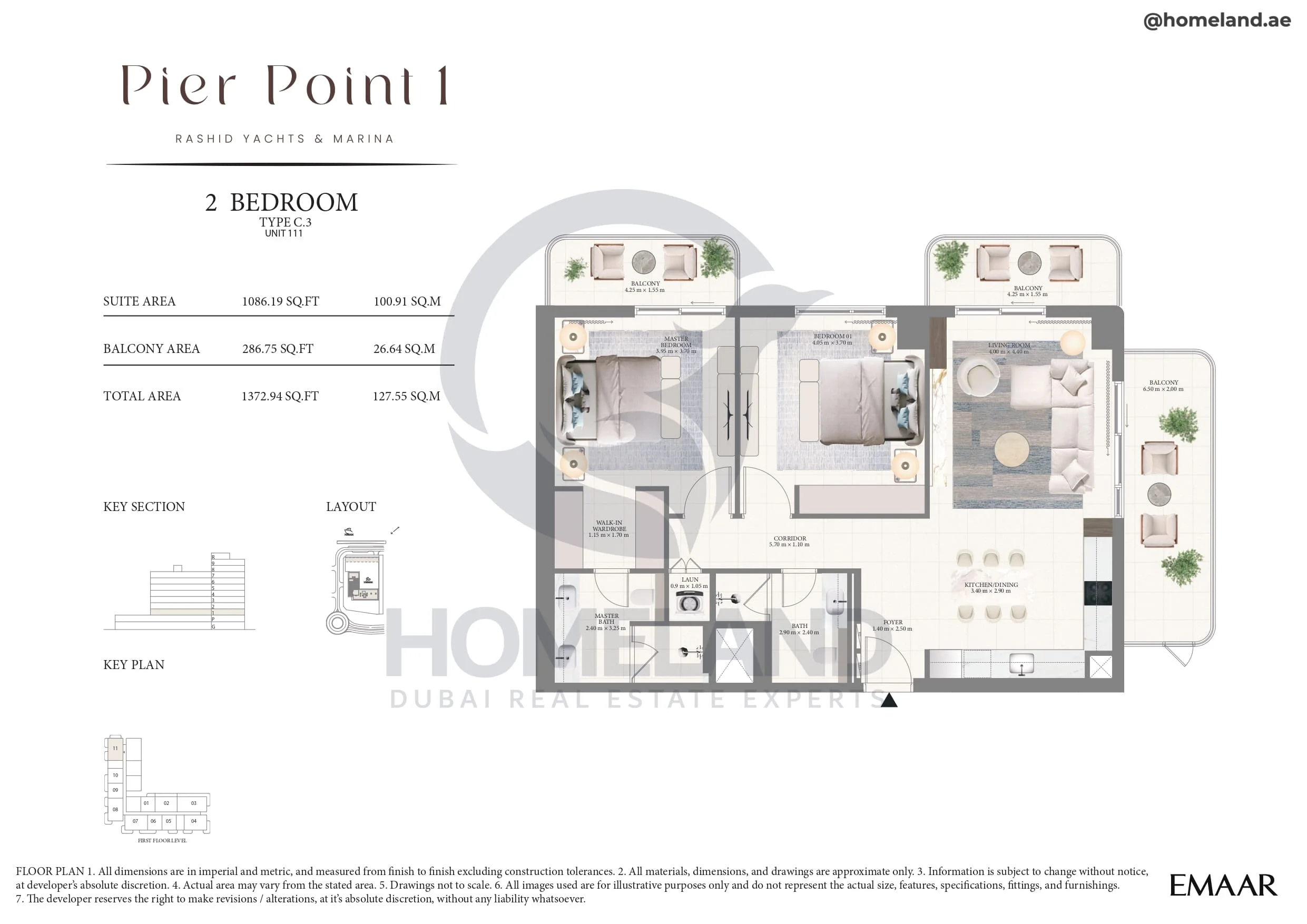 Pier Point 1, 2BR, Type C.3, Unit 111, Level 1, 1372 SQFT