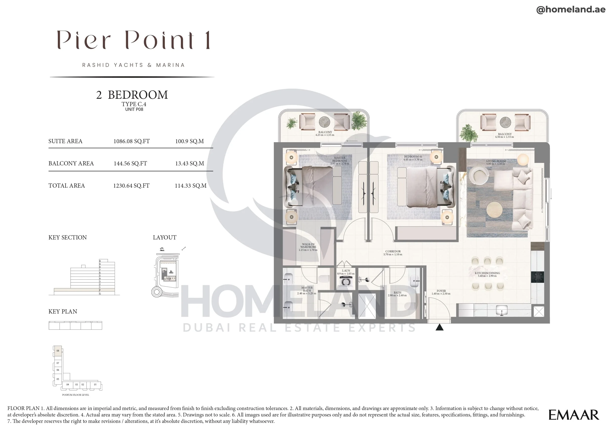 Pier Point 1, 2BR, Type C.4, Unit P08, Level P, 1230 SQFT