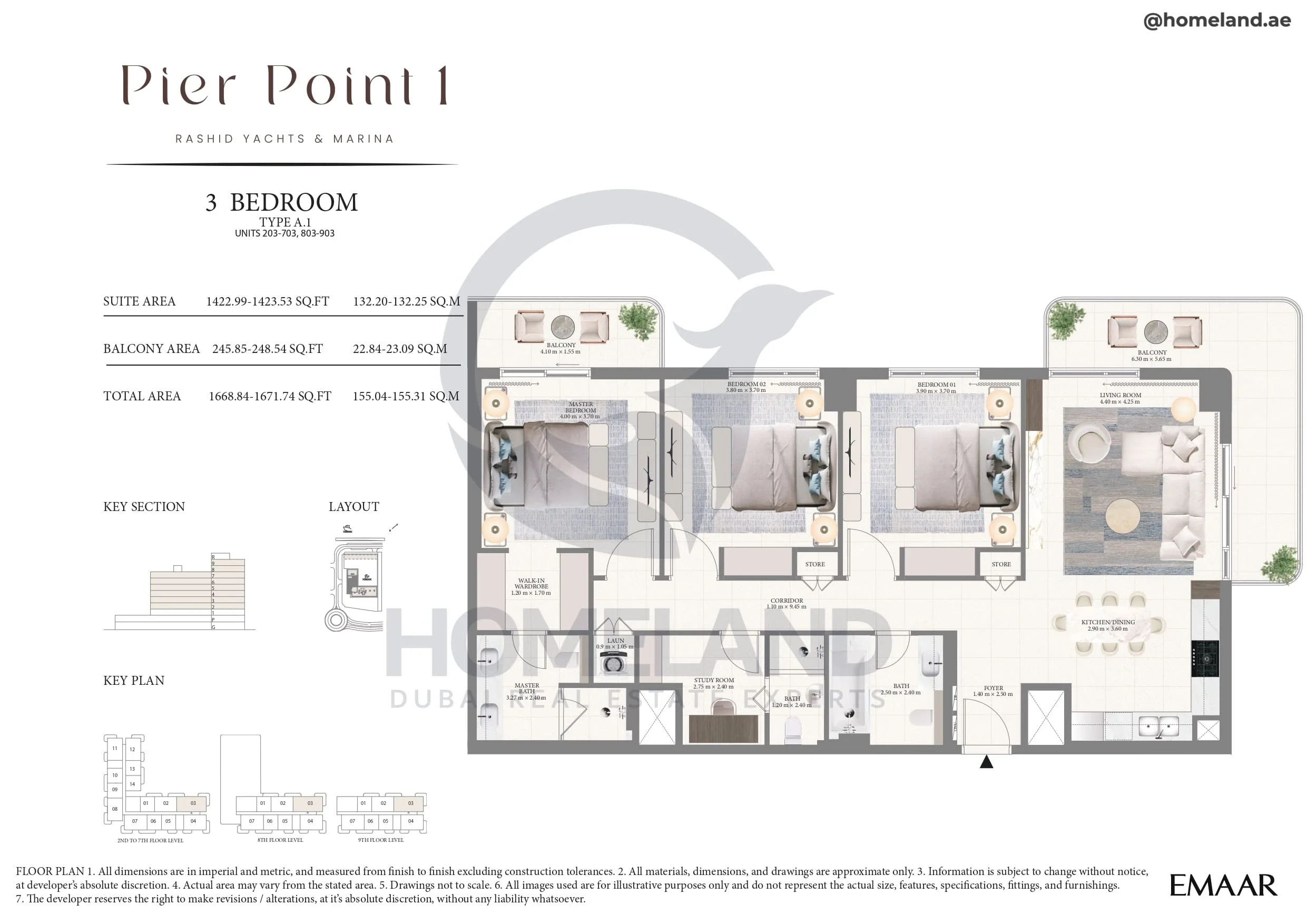 Pier Point 1, 3BR, Type A.1, Unit 203 to 703-803 to 903, Level 2 to 9, 1671 SQFT